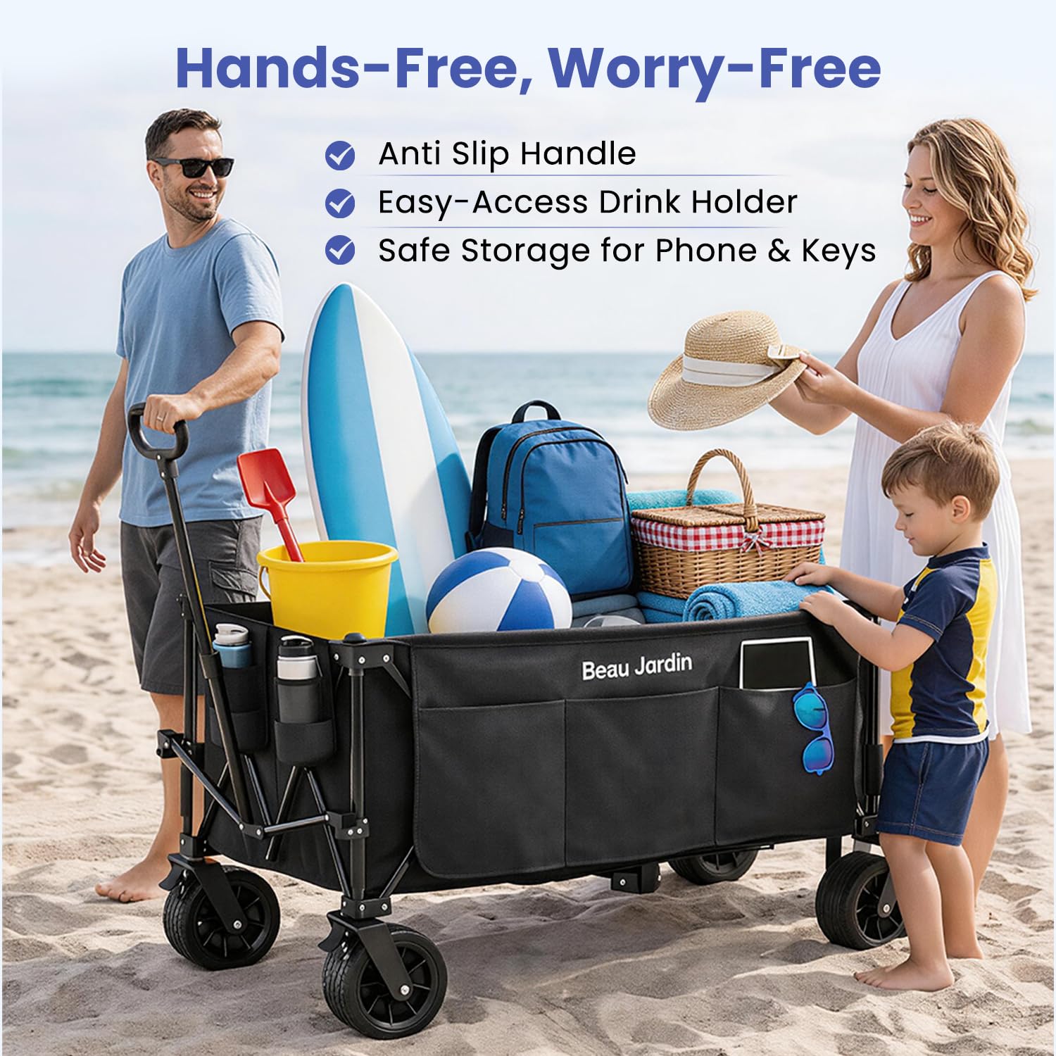 BEAU JARDIN XXL Carrello da Giardino Pieghevole 300L, Carrello Spiaggia con Ruote Grandi, per Rimorchio per Giardino da Campeggio all'aperto Ogni Tipo di Terreno, Portata fino a 200kg