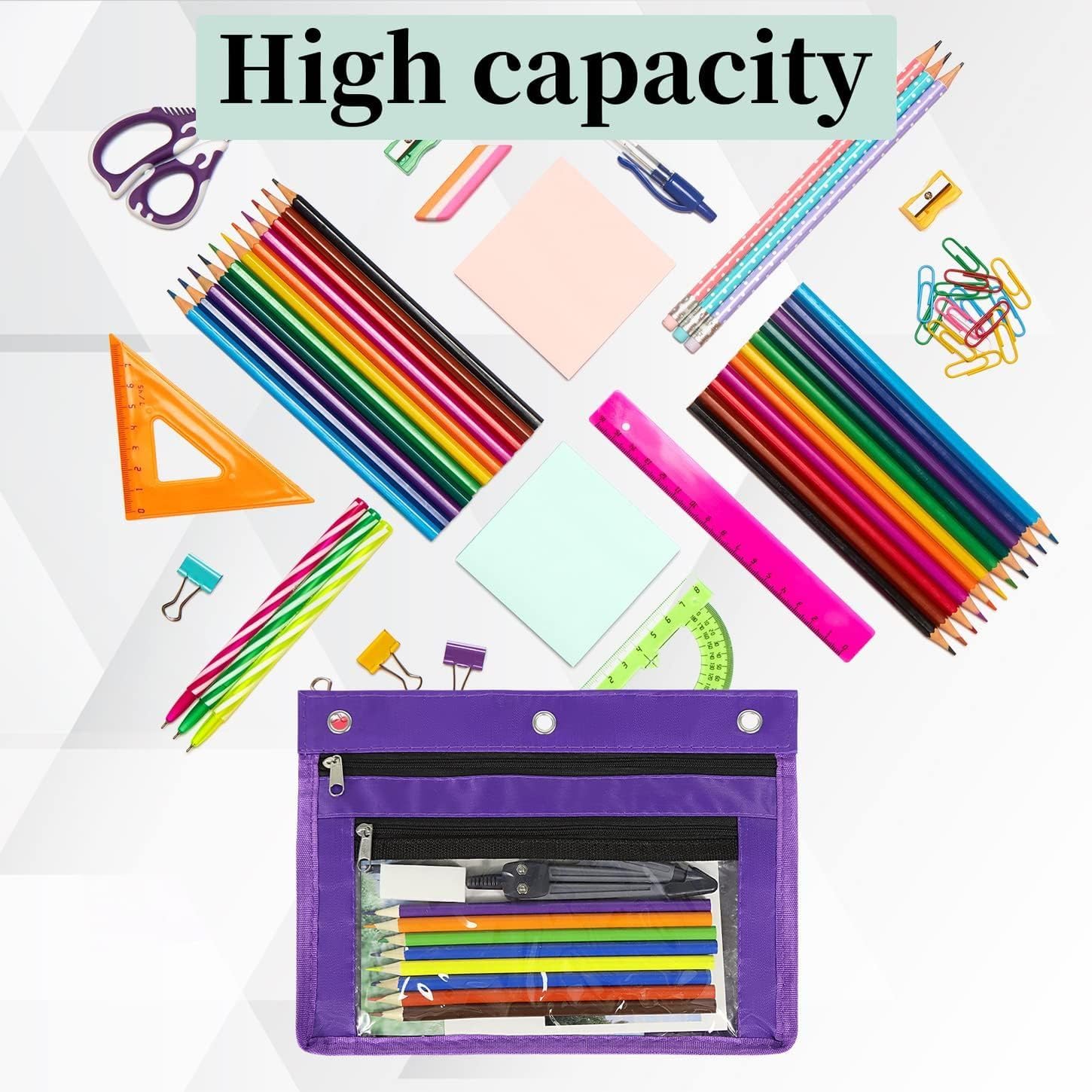 YoeeJob Estuche expandible de 1 pulgada para carpeta de 3 anillos, paquete de 18 bolsas de lápices de gran capacidad con cremallera, estuche transparente de tres anillos, adecuado para la escuela y la