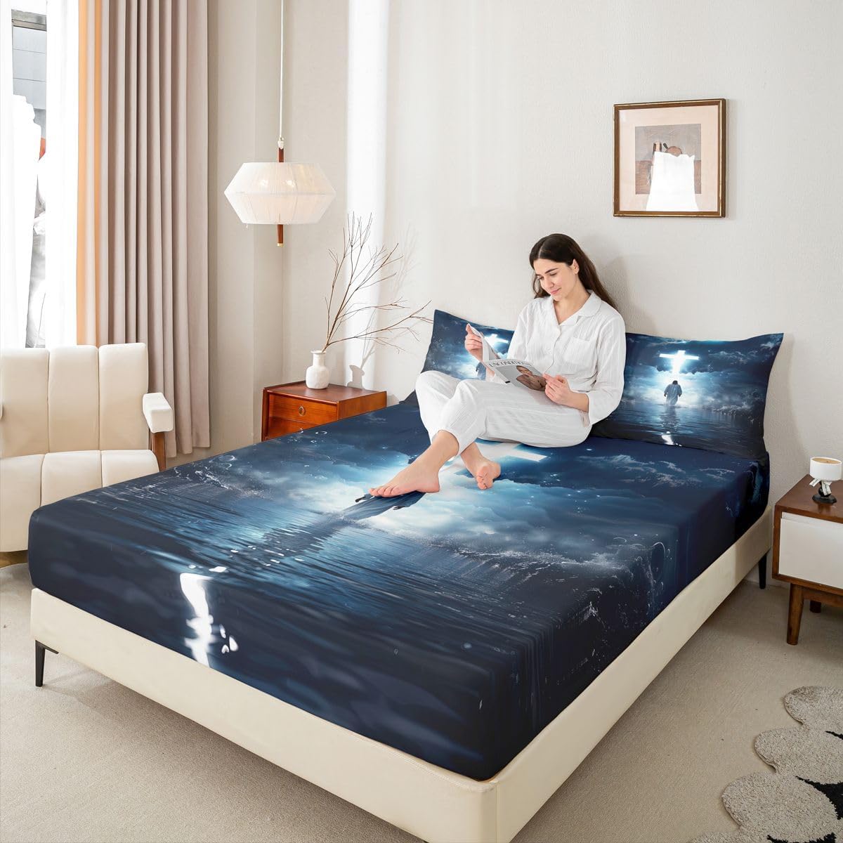 Western Boys Girls Bed Sheets,God Walking on Water Spiritual Room Decor,Biblical Divine Light Kids Twin Size Fitted Sheet,Dark Blue Bedding Set,1 Pillowcase(No Flat)
