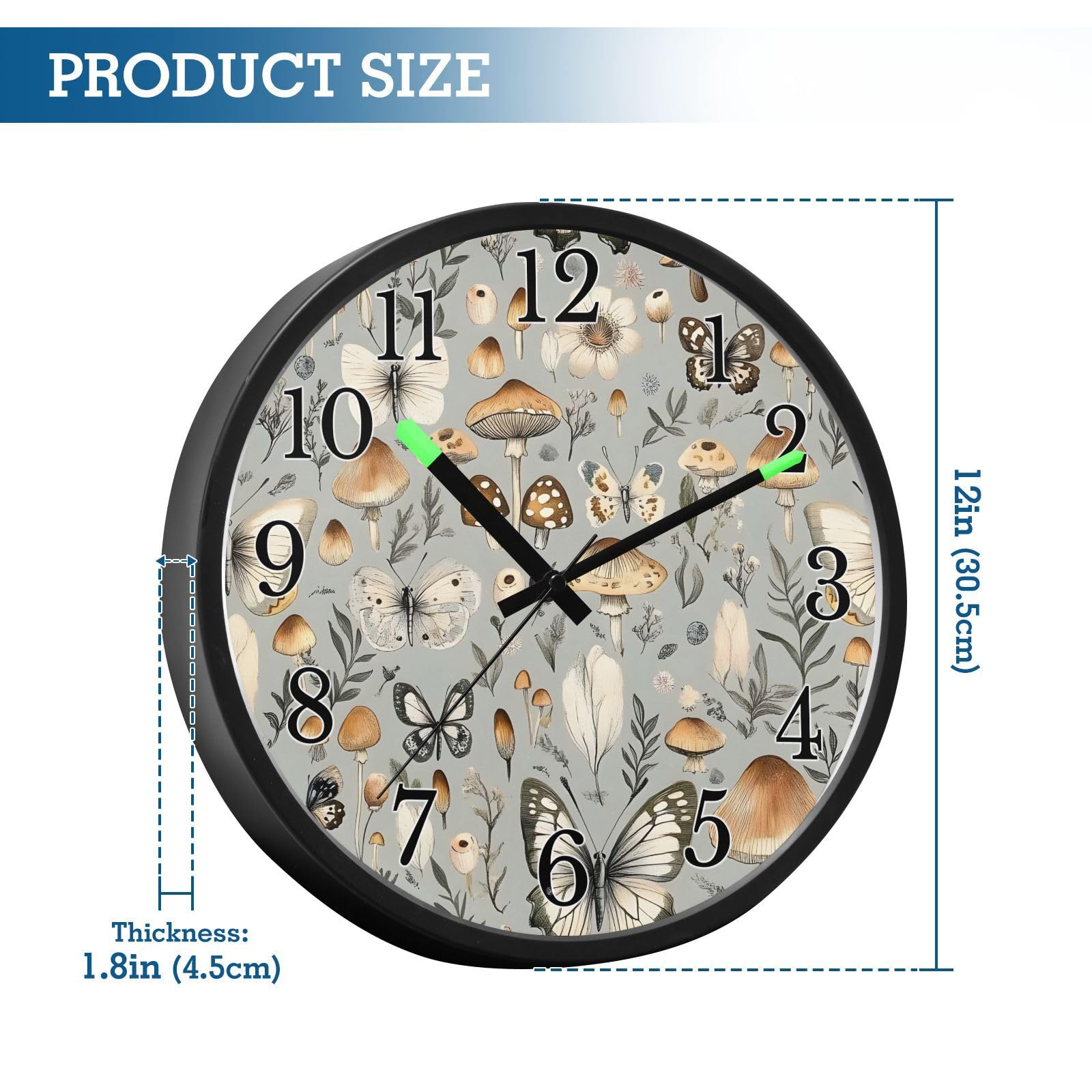 Mnsruu Reloj de pared luminoso con diseño de mariposa y hongo, color gris, reloj de pared que brilla en la oscuridad, funciona con pilas, reloj silencioso de 30,5 cm con luz nocturna para dormitorio