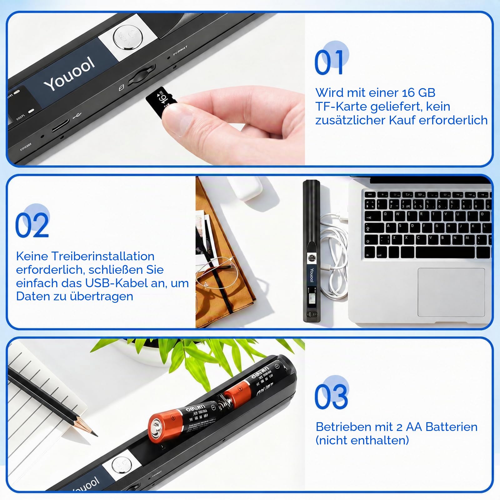 Handscanner Dokumentenscanner, A4 900 DPI Hohe Auflösung Farbfoto Portable Scanner, JPG/PDF Format USB 2.0 Mobiler Scanner Tragbarer Dokumentenscanner für Dokumente Quittungen Fotos (Schwarz) | Hohe Auflösung Portable Scanner USB 2.0 Mobiler Scanner Tragb