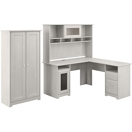 Amazon Com Bush Furniture Cabot L Shape Desk With Hutch And 2 Door Tall Storage Linen White Oak Furniture Decor Tall Computer Desk With Storage