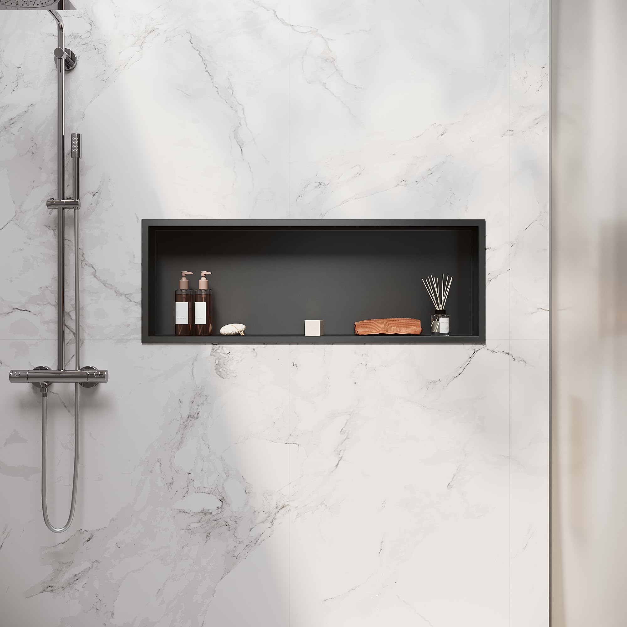 SIRHONA Nicchia da bagno, cuccia da doccia a incasso in acciaio inox, elementi di stoccaggio per la doccia in bagno, 90 x 30 cm, colore: Nero