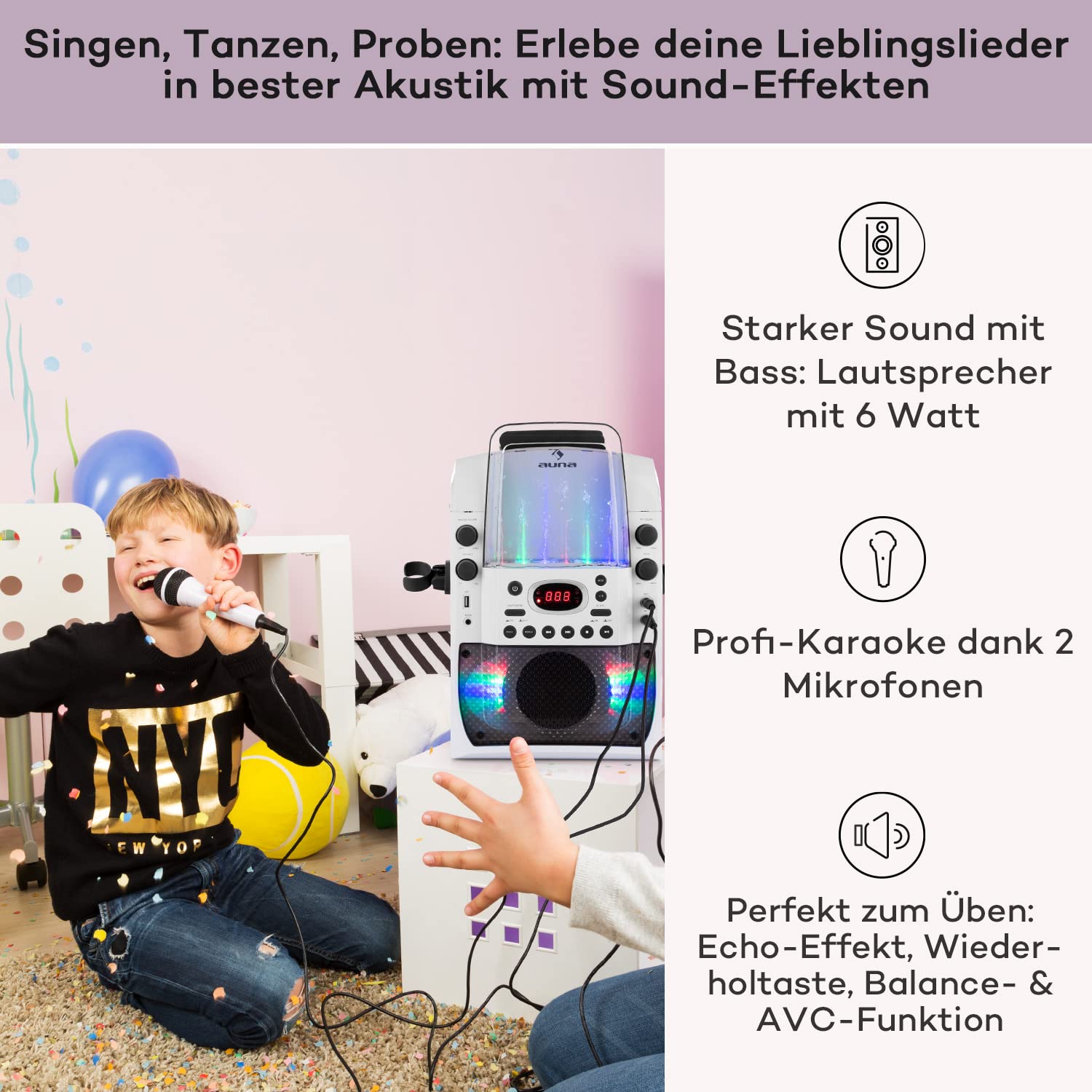 auna KTV Karaoke Musikbox mit Mikrofon, Bluetooth Karaoke-Maschine mit 2 Mikrofonen, CD Player & Lautsprecher, Partybox für Kinder & Erwachsene, LED-Display, Karaoke Anlage mit RCA-Video/AUX/USB