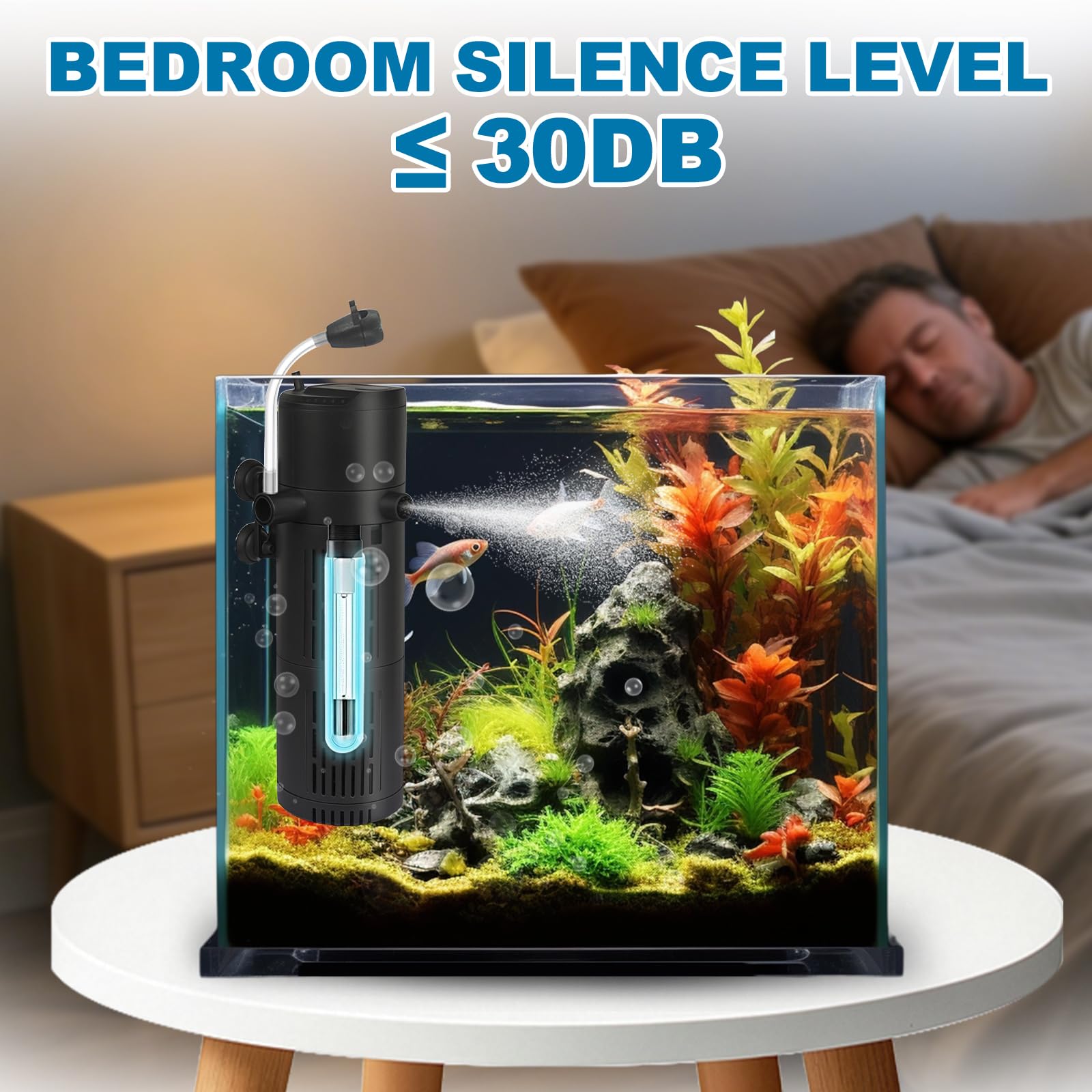 Filtre Aquarium 1800L/H Anti-Algues U-V Filtre Intérieur Aquarium avec Ventilation et Douche à Pluie, Pompe à Eau Douce et Eau Salée Convient aux Aquariums de 180-300L