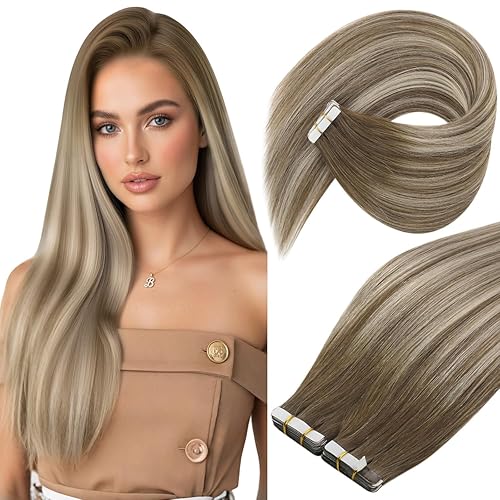 Ve Sunny Extensiones de cabello humano con cinta adhesiva, balayage, color marrón medio, rubio platino y marrón, extensiones de cabello con cinta