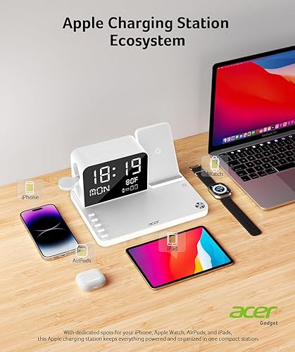 Miniatura 3 de Acer Estación de carga inalámbrica 7 en 1 con reloj LED, cargador inalámbrico rápido de 30 W para iPhone 16/15/14/13/12/Pro Max, Apple Watch,