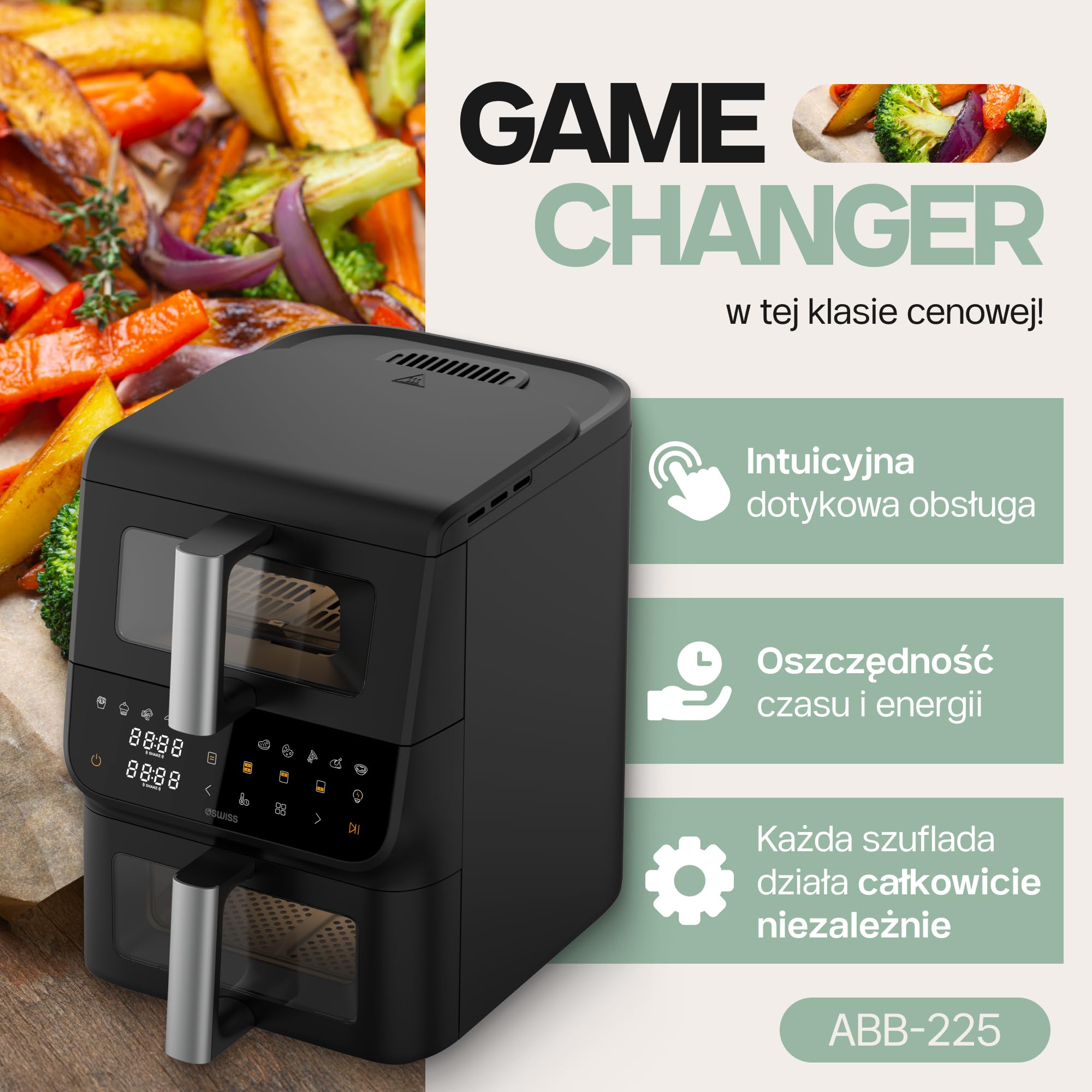 4Swiss Frytkownica Beztłuszczowa Air Fryer Dwukomorowa na Gorące Powietrze Airfryer Pionowy XXL Duża Pojemność do Pieczenia Mięsa Frytek Warzyw Ryb Oszczędzający Miejsce Łatwe Czyszczenie - ABB-225