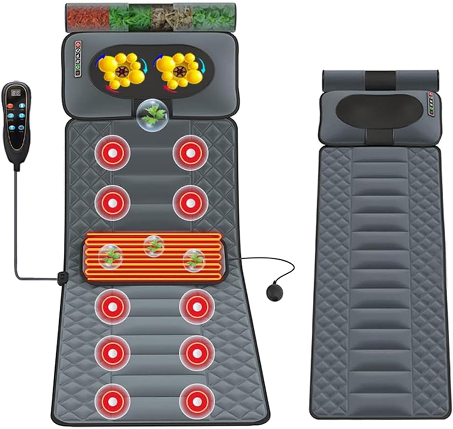 Esterilla de masaje con calor, 10 nodos vibratorios, esterilla de masaje de cuerpo completo con almohadas ajustables, almohadillas térmicas, cojín de silla de masaje plegable para relajación de l