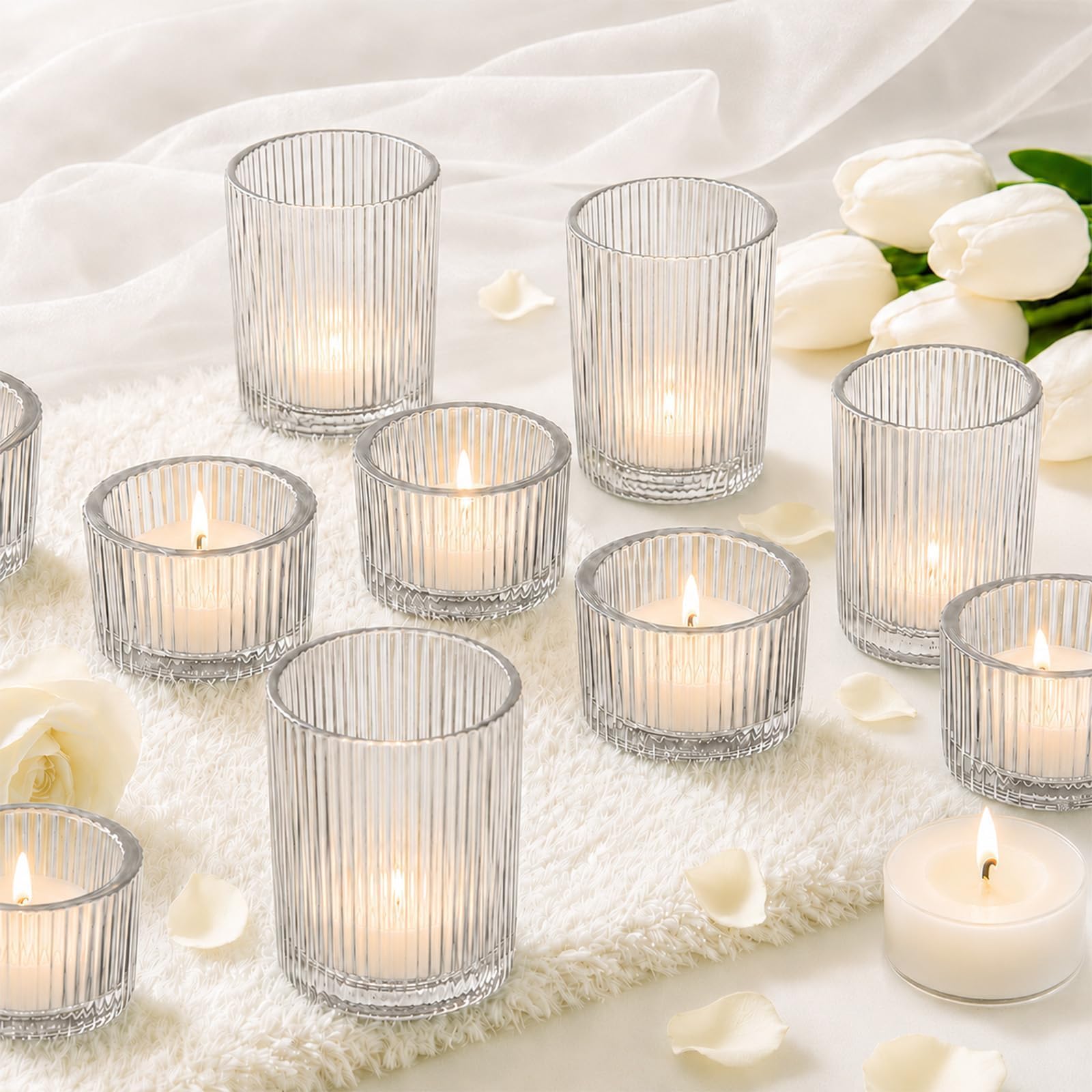 Lot de 24 photophores transparents en verre nervuré pour centre de table, décoration d'intérieur, mariage, Noël, fête d'anniversaire