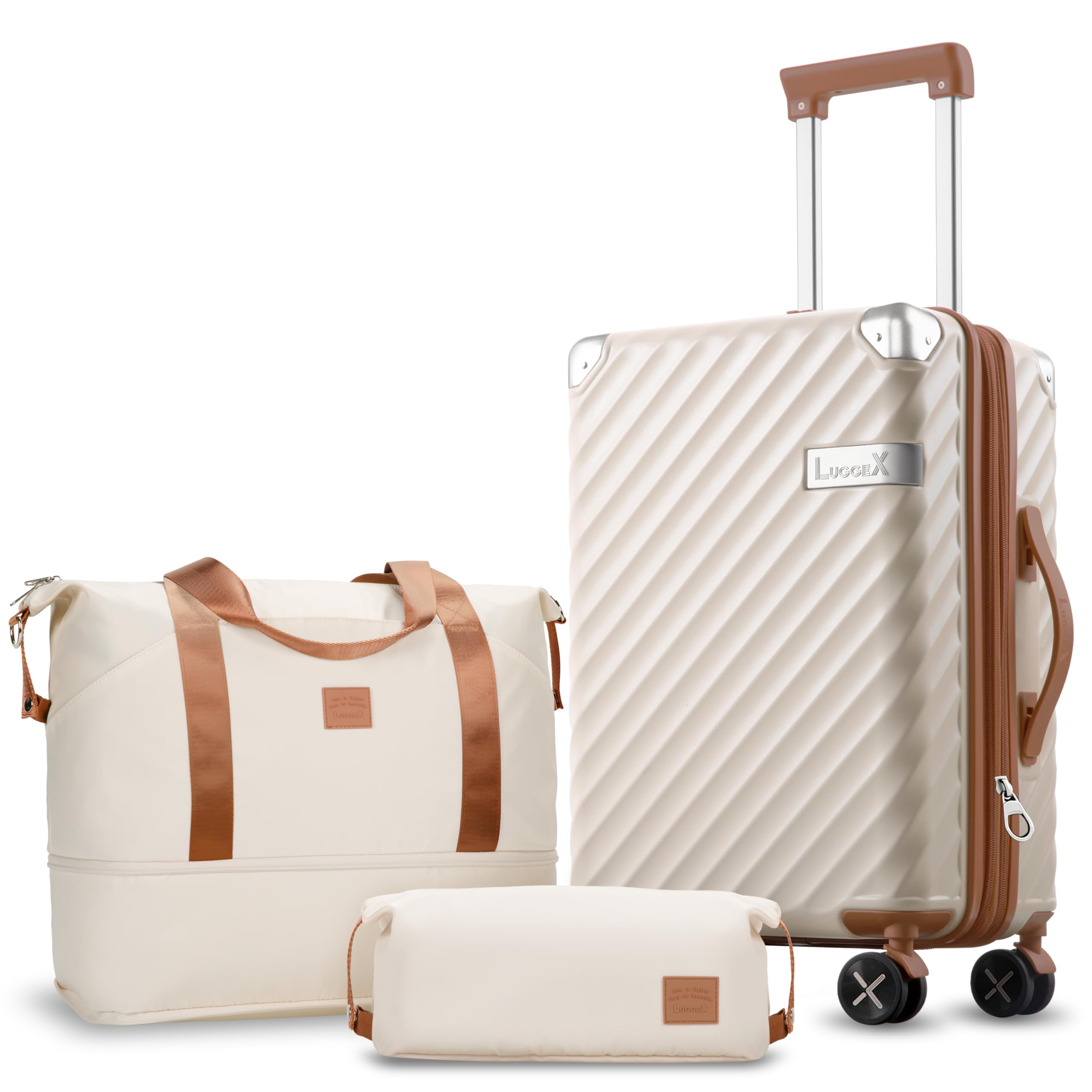 LUGGEX Carry On Luggage Sets 3 Piece - 100% Polycarbonate Expandable Hard Shell Suitcase with Duffle Bag (Beige, 20/Duffle/Toiletry)