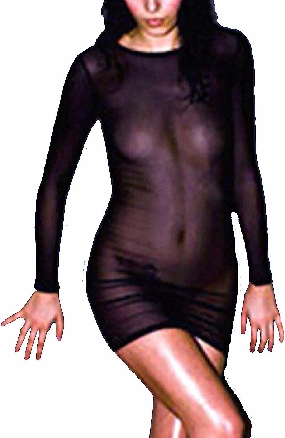 StyleDome Women's Mesh Sheer Long Sleeve Bodycon Stretch Slim Fit Lingerie Short Mini Dress