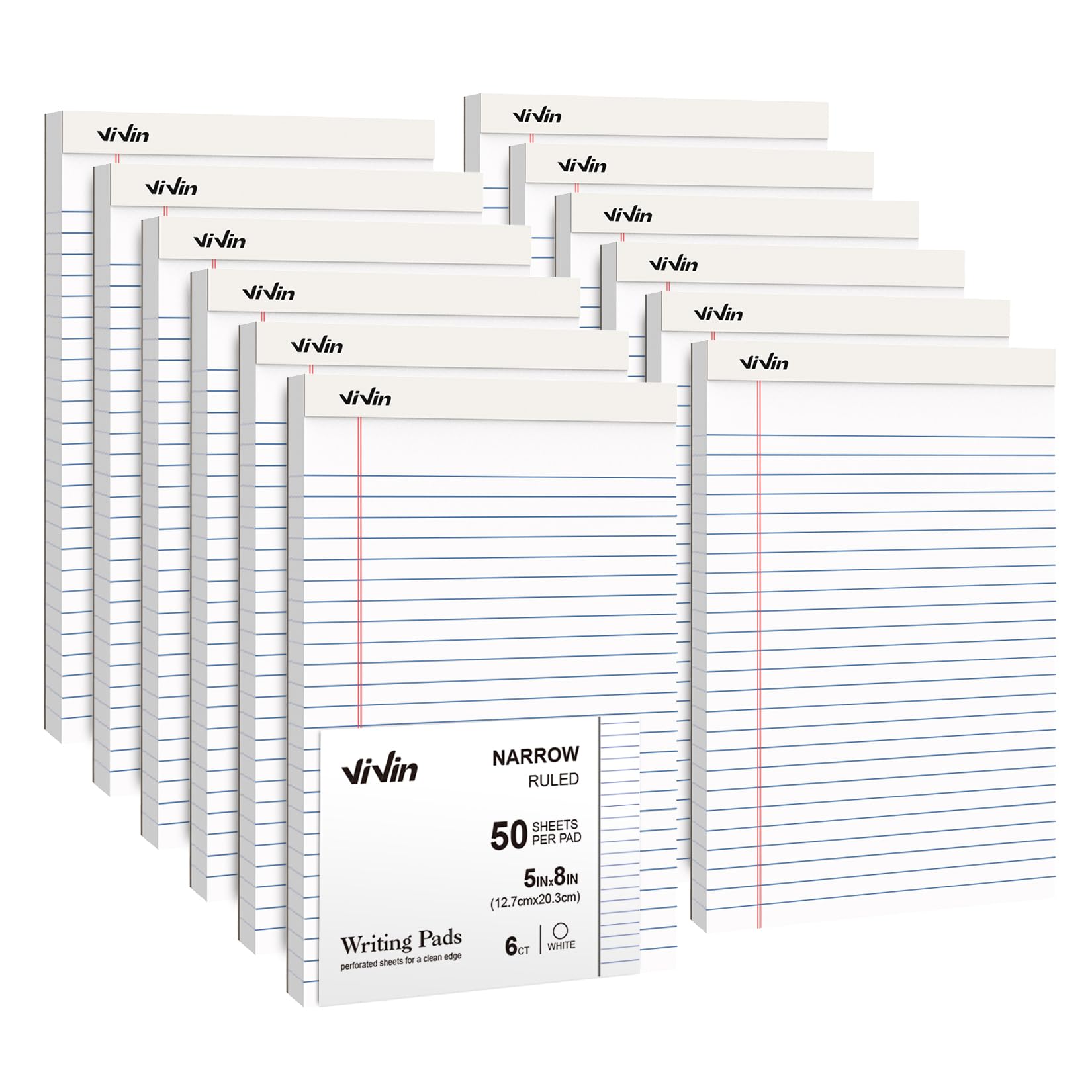 ViVin 5 x 8 Inch Legal Pads 12 Pack Narrow Ruled 50 Sheets Per Writing Pad Perforated Note