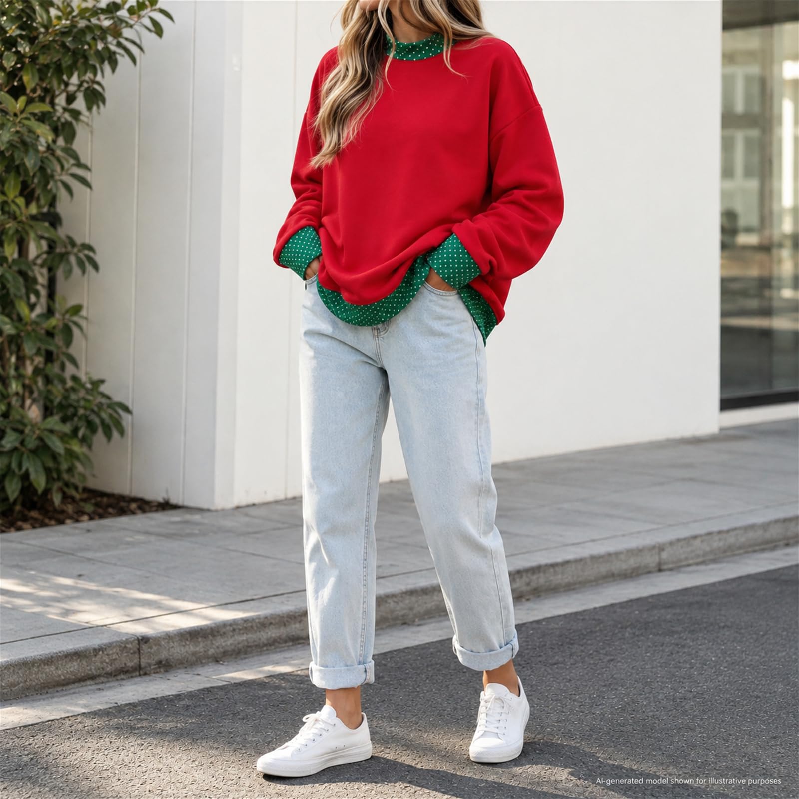 Generisch Damska bluza ze stójką, oversize, patchwork, kropki, kolorowe bloki