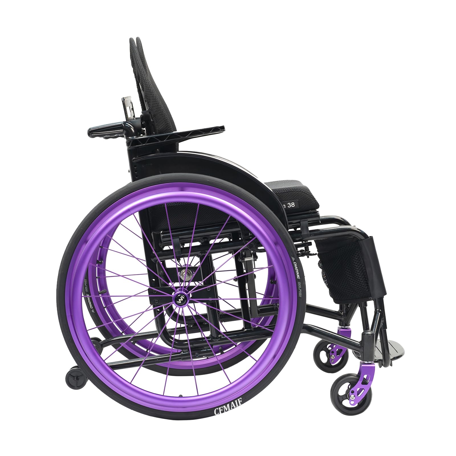 Lekkie aluminiowe wózki inwalidzkie dla dorosłych, składany, sportowy wózek inwalidzki z hamulcami ręcznymi i kołami szybkiego zwalniania, samobieżny (siedzenie 38 cm, fioletowy)