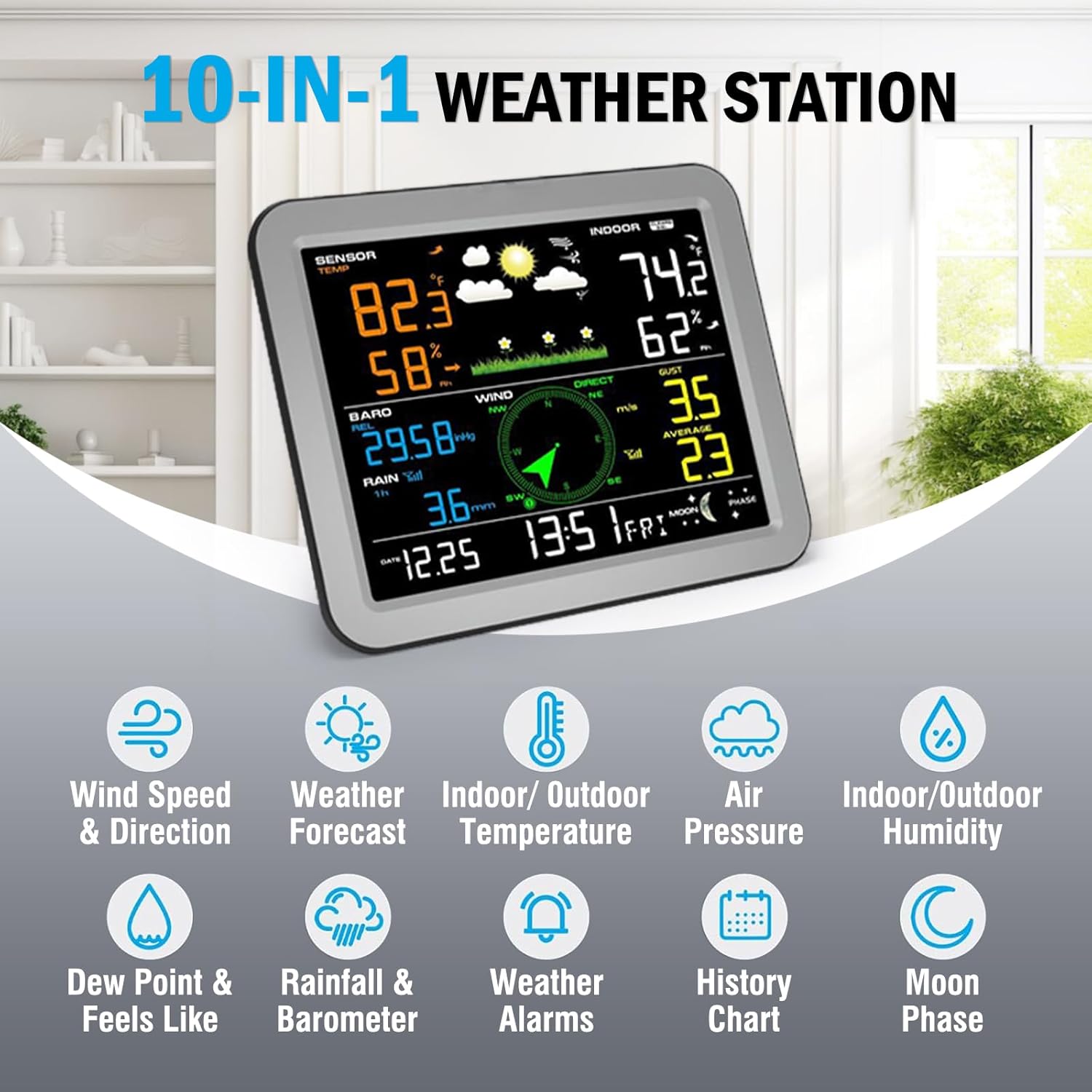 Weather Station Wireless with 7-in-1 Sensor,Indoor Outdoor Thermometer,Big Display Digital with Humidity,Rain Gauge,Wind Speed,Forecast,Alarm