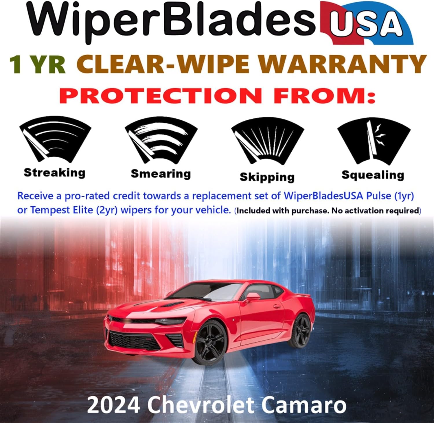 WiperBladesUSA Wiper Blades Set w/ 1yr warranty compatible with Chevrolet Camaro 2024 Wipers (Set of 2) Pulse Wipers