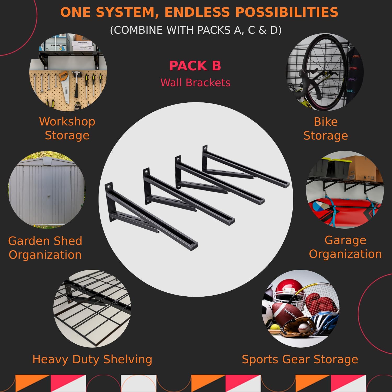 Pack B Heavy Duty Wall Bracket x4 – Steel Mount for Shelving Support, 220lbs Rated, Modular System, Works with Ezyrack Assemblies