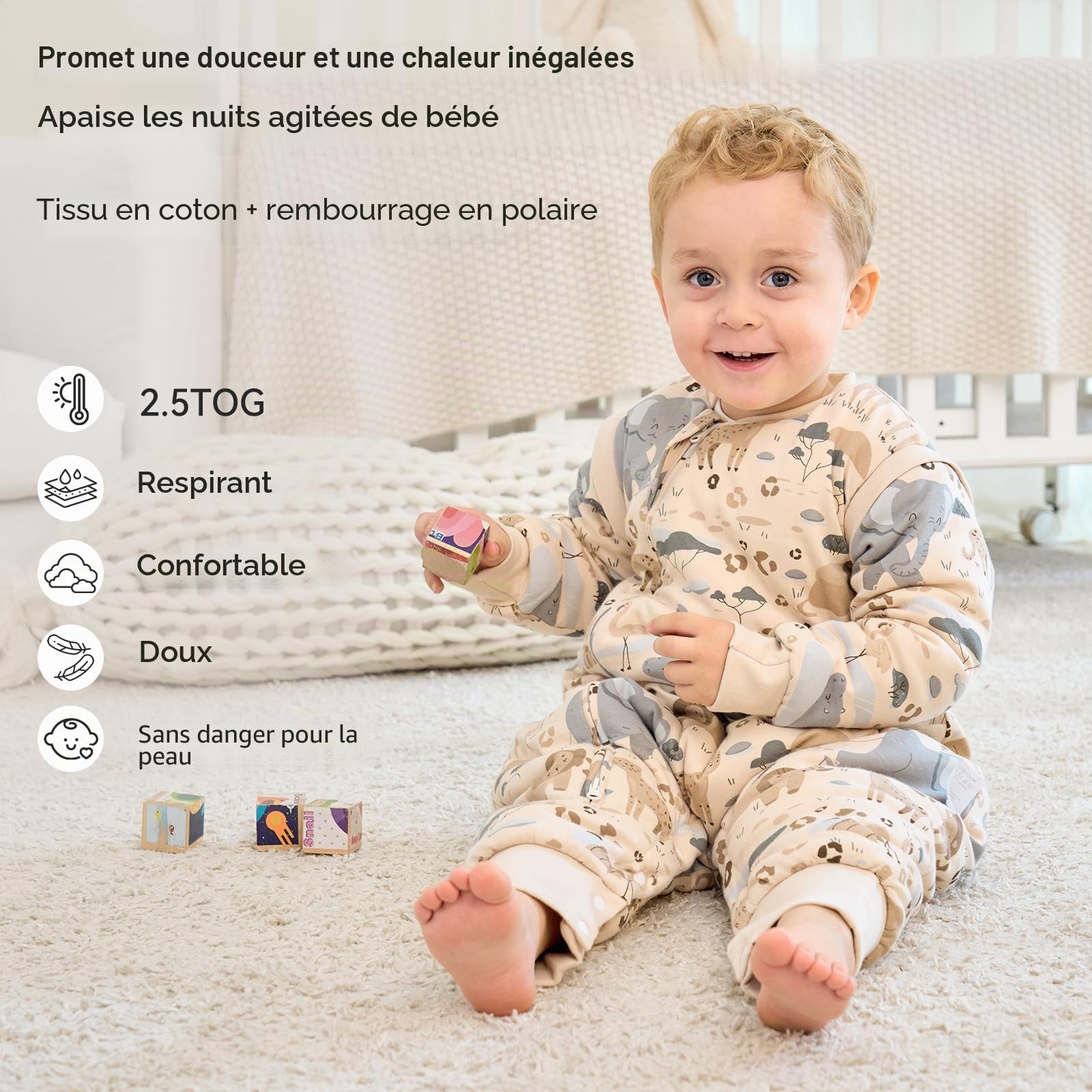 Unnivoll Gigoteuse Hiver 3-4 Ans, Gigoteuse à Pieds et Manches Amovibles, Tog 2.5 Turbulette Hiver pour Bébé, Tissu 100% Coton Super Doux et Chaud Fille Garçon 90cm Beige Zèbre