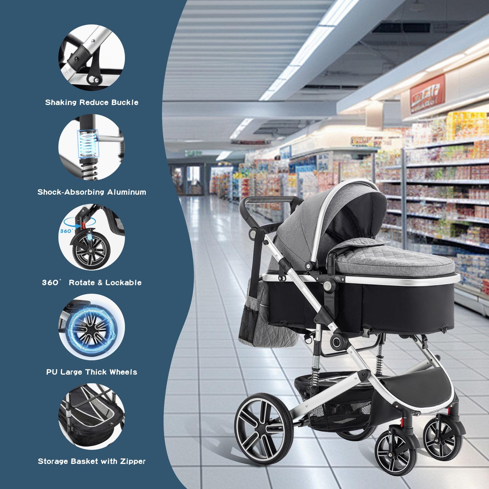 3 en 1 Carrito Bebé, Cochecito Bebe con ECE R129 Asiento de Coche, Cochecito con Mango Ajustable de Altura, Cochecito Carro de Visión alta con Marco de Aluminio (22KG, 0-4 Años)