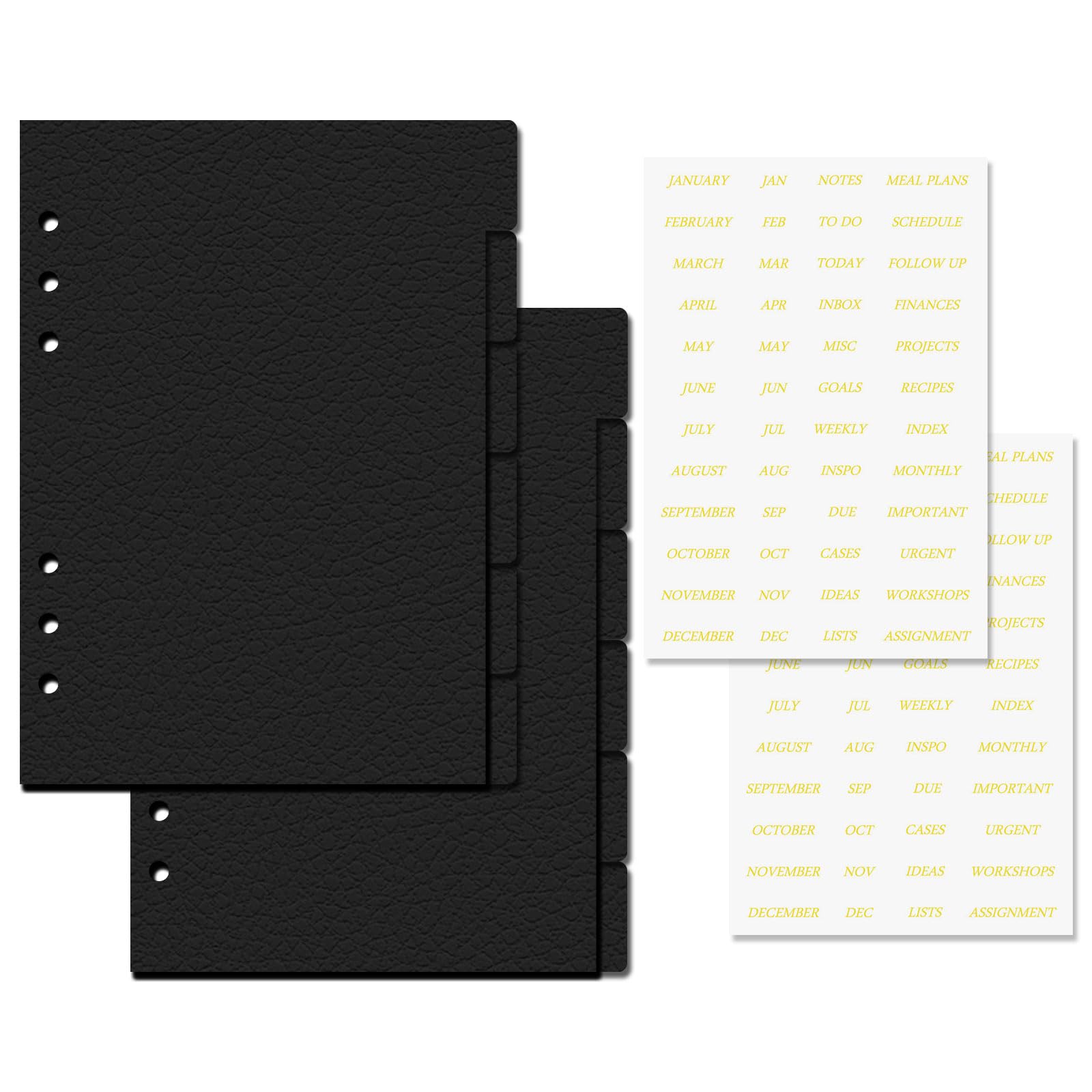 Koqye Leather Textured A5 6-Ring Binder Dividers with 6 Tabs, Black Paper Index Page Separators with Gold Stickers for Planner/Organizer (2 Set - 6