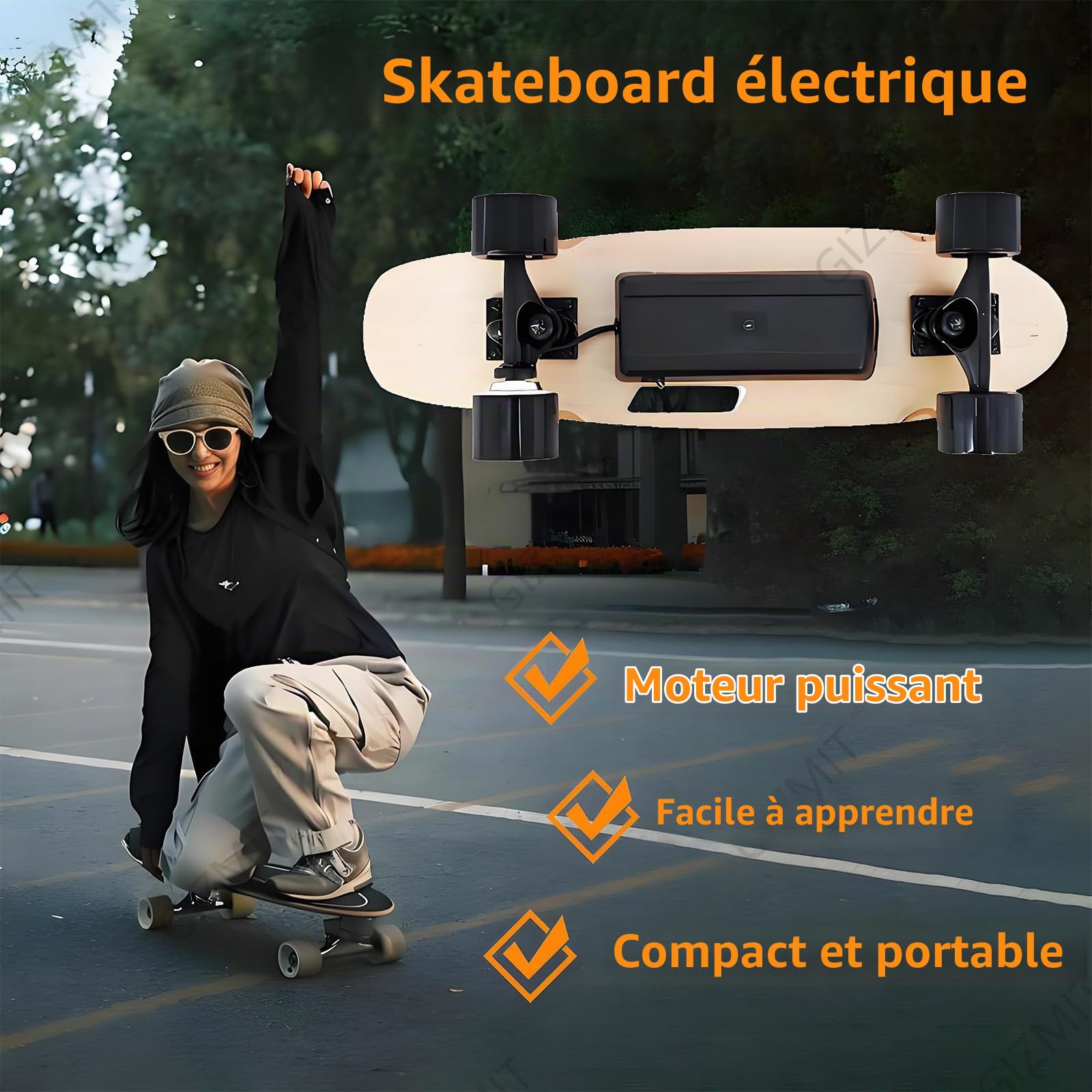 Skateboard électrique 24 km/h, Longboard électrique, autonomie de 13 km, Moteur sans balais 450 W avec télécommande sans Fil, Plateau en érable 7 Plis