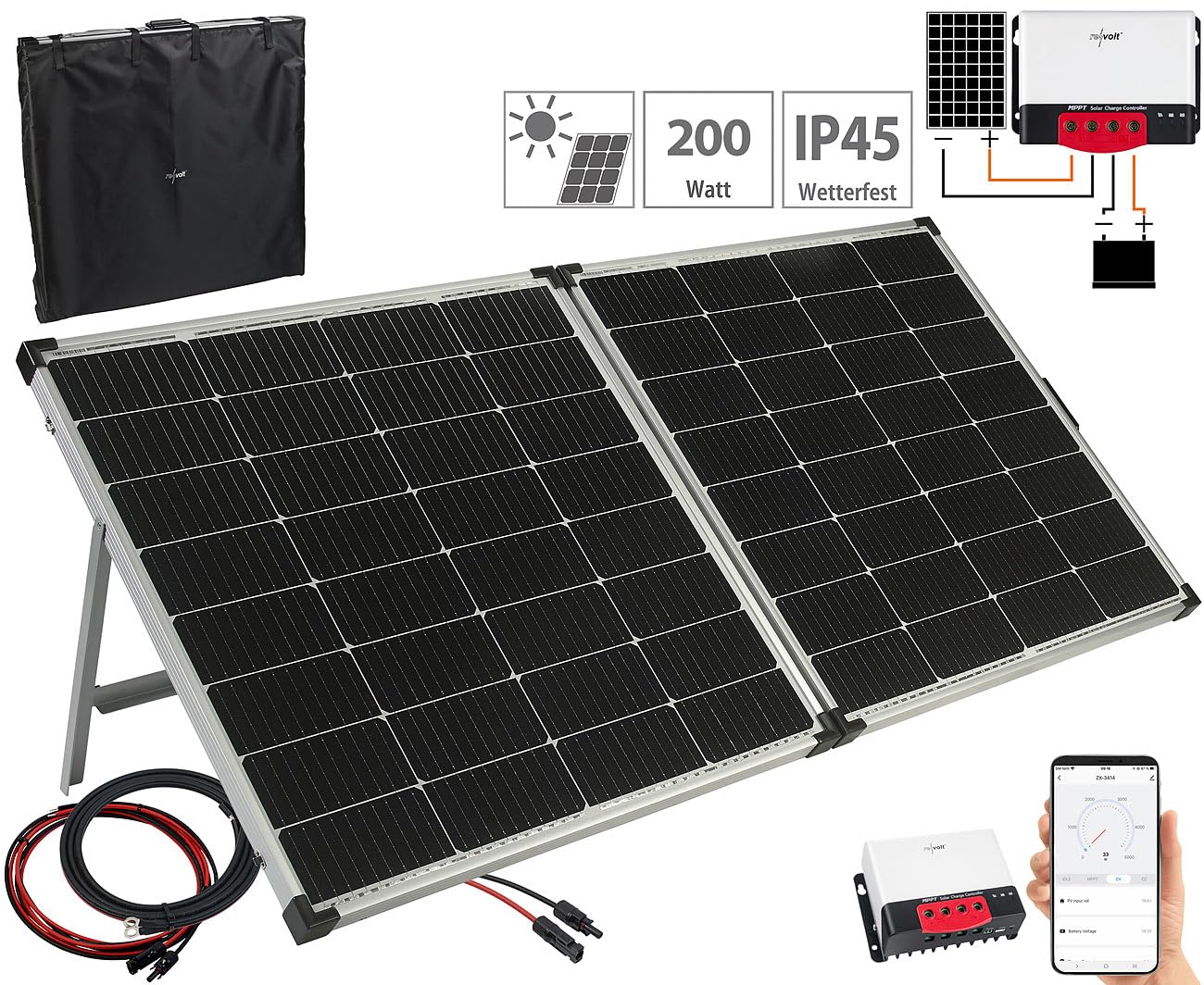 revolt Solar Inselanlage: Solarstrom-Set: MPPT-Laderegler mit 240-Watt-Solarmodul, bis 20 A, App (PV Anlagen, Insel Solaranlage, Anlage)