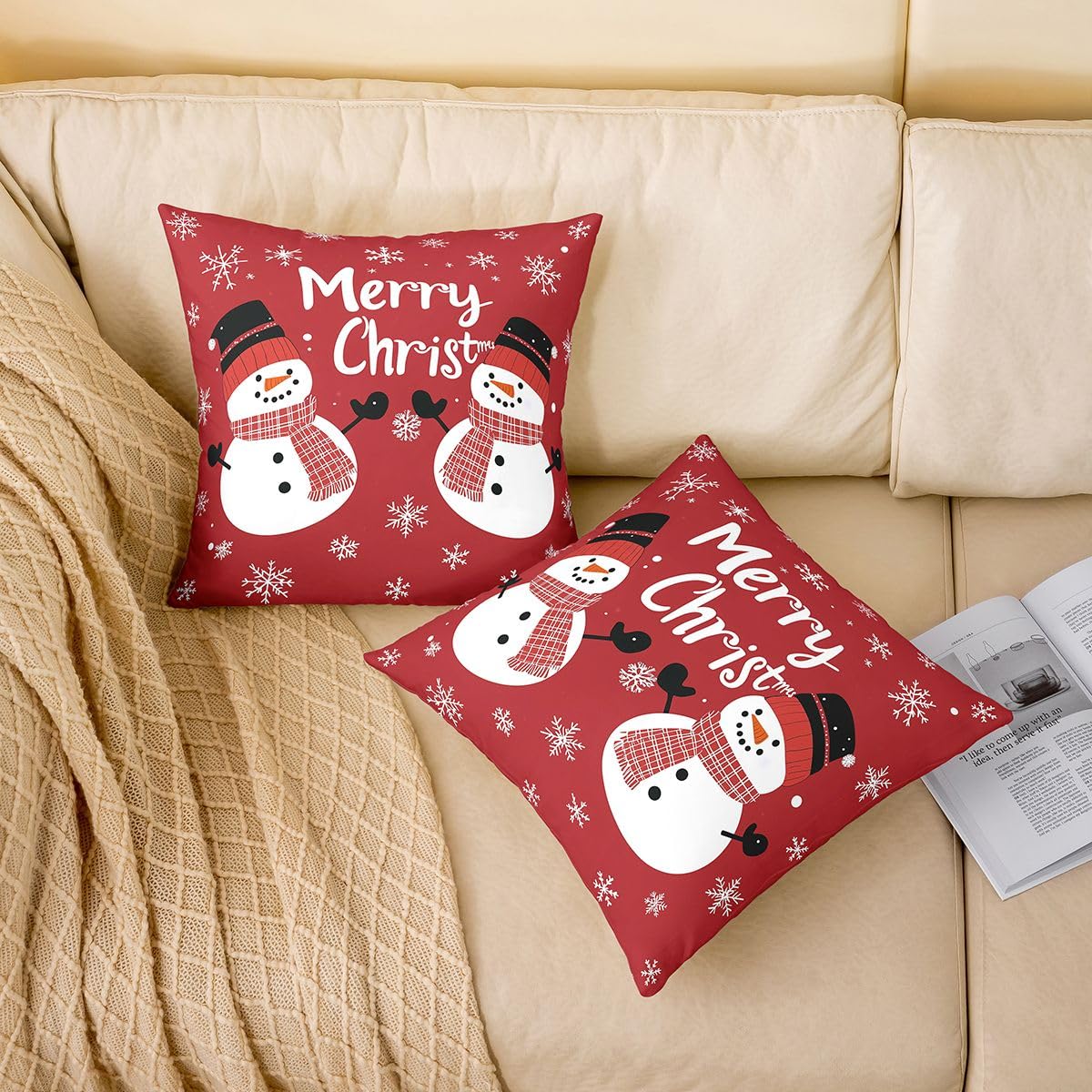 Homewish Confezione da 4 federe per cuscino a tema natalizio per bambini | Kawaii - Federa per cuscino con pupazzo di neve, motivo natalizio, colore: rosso