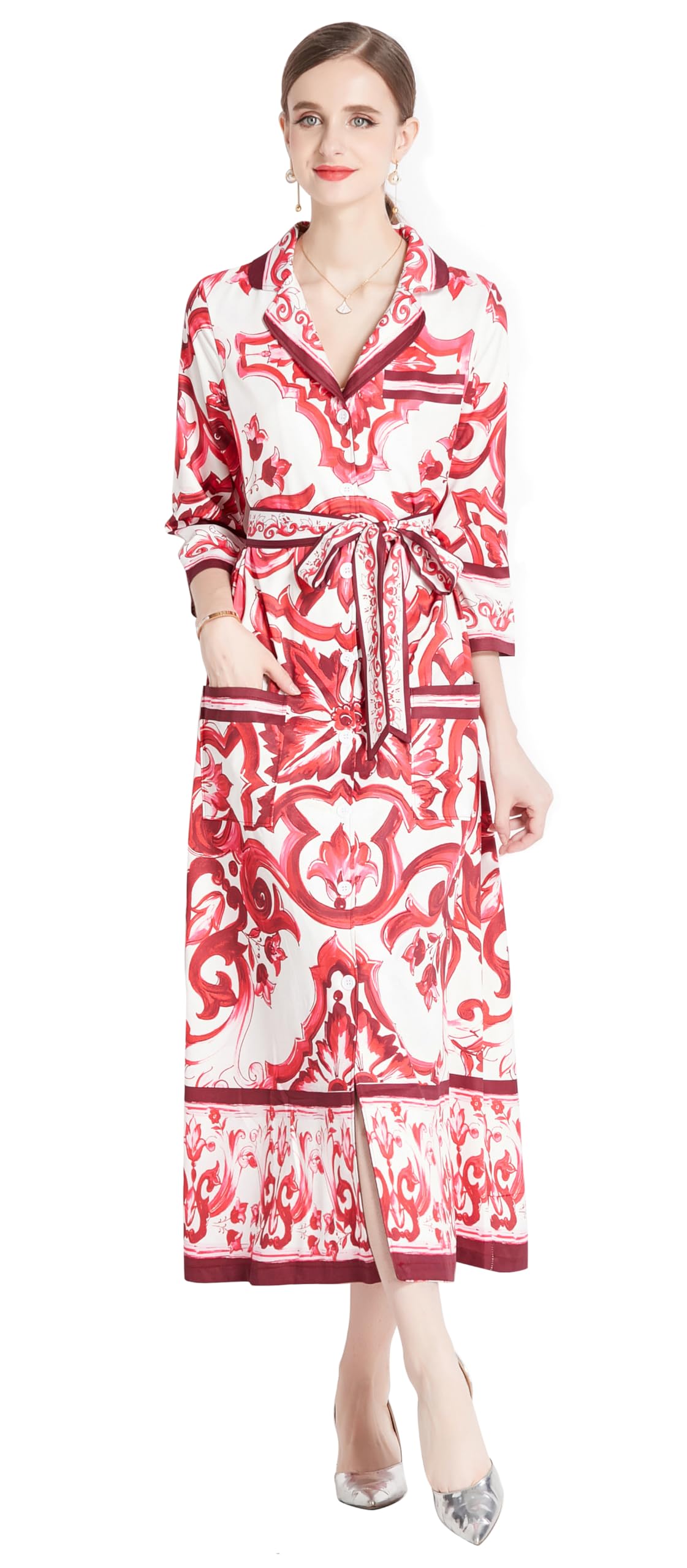 LAI MENG FIVE CATS Elegante vestido midi de manga corta con cuello en V y bolsillo para mujer