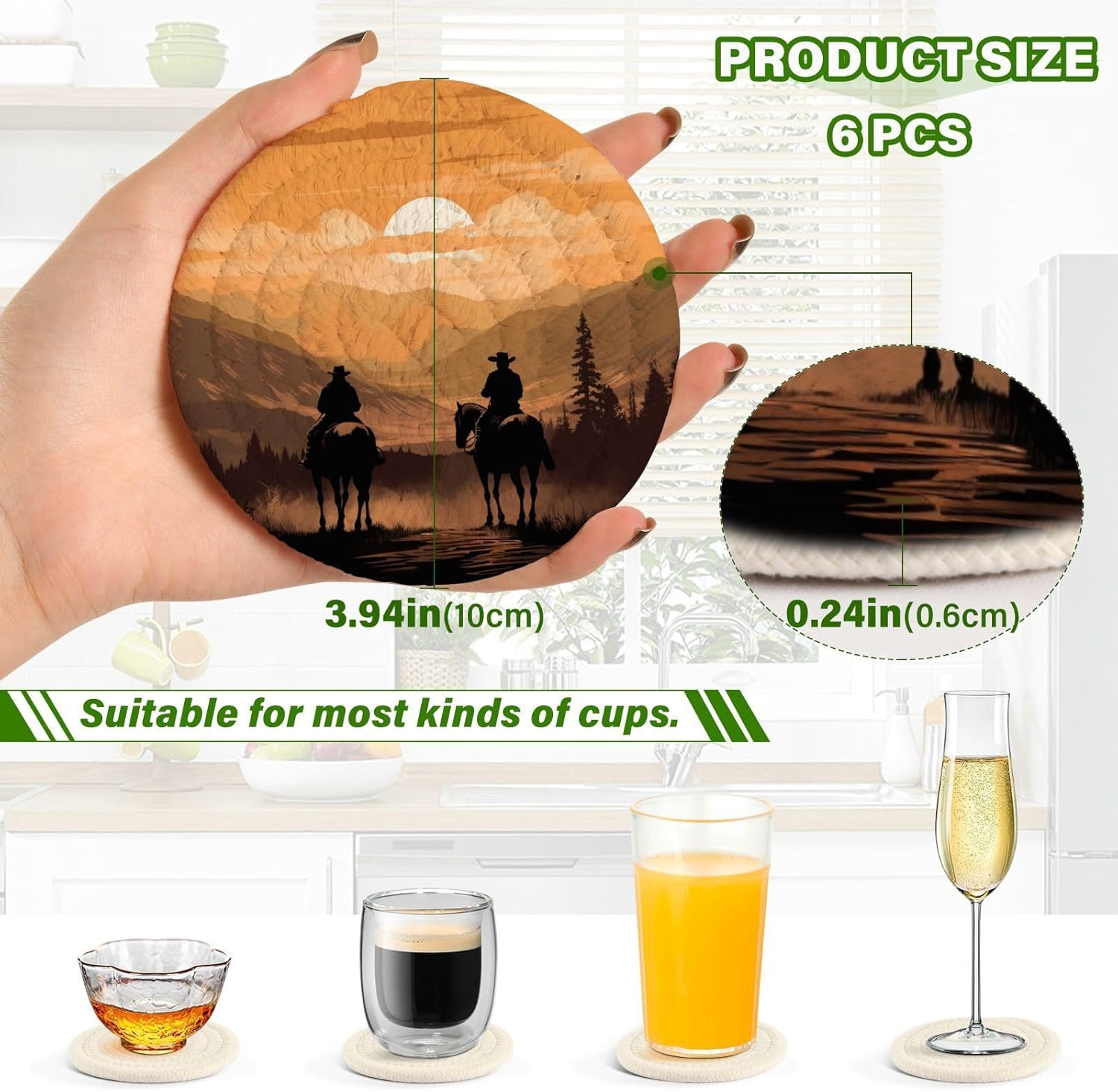 YETTASBIN Western Cowboy 6 Pcs Drink Coasters with Holder, Cotton Woven Absorbent Heat-Resistant Round Coaster Non-Slip Table Mat for Kitchen Bar Home Decor Housewarming Gift, 3.9 in - Image 3