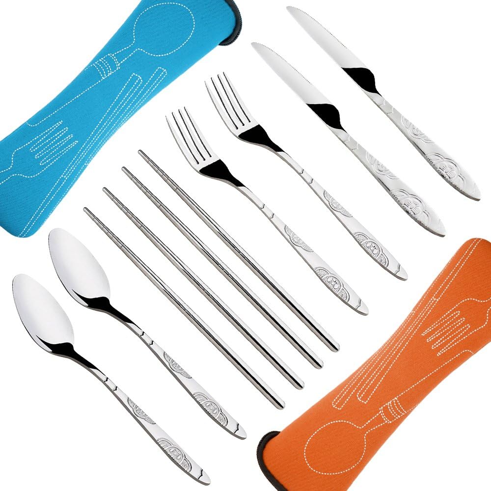 8 Pieces Flatware Sets Knife, Fork, Spoon, Chopsticks, SENHAI 2 Pack Rustproof Stainless Steel Tableware Dinnerware with Carrying Case for Traveling Camping Picnic Working Hiking(Orange,Light Blue)