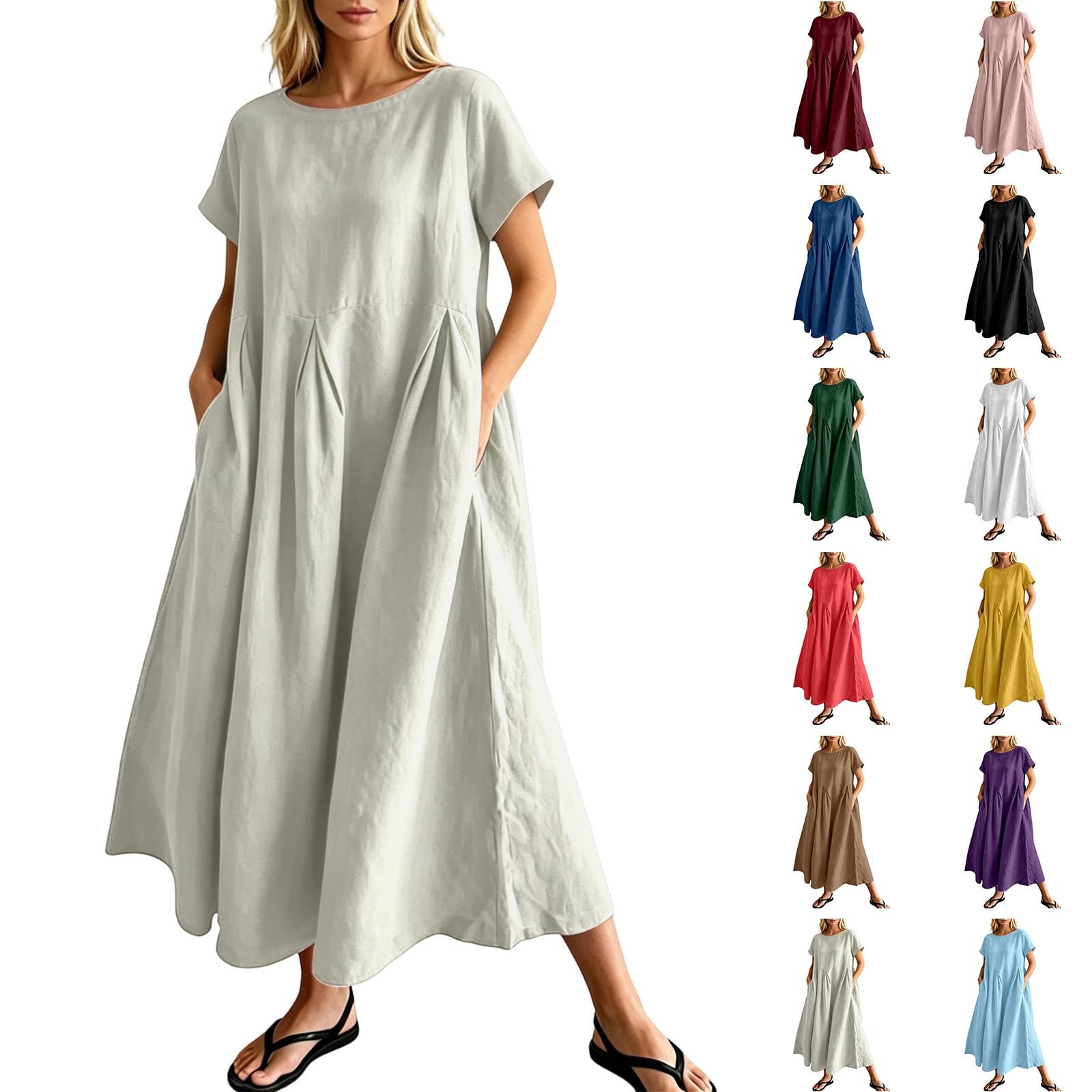 Vestido de verano para mujer, manga corta, cuello redondo, ligero, de algodón, lino, vestido de playa, línea A, vestido largo para primavera y verano