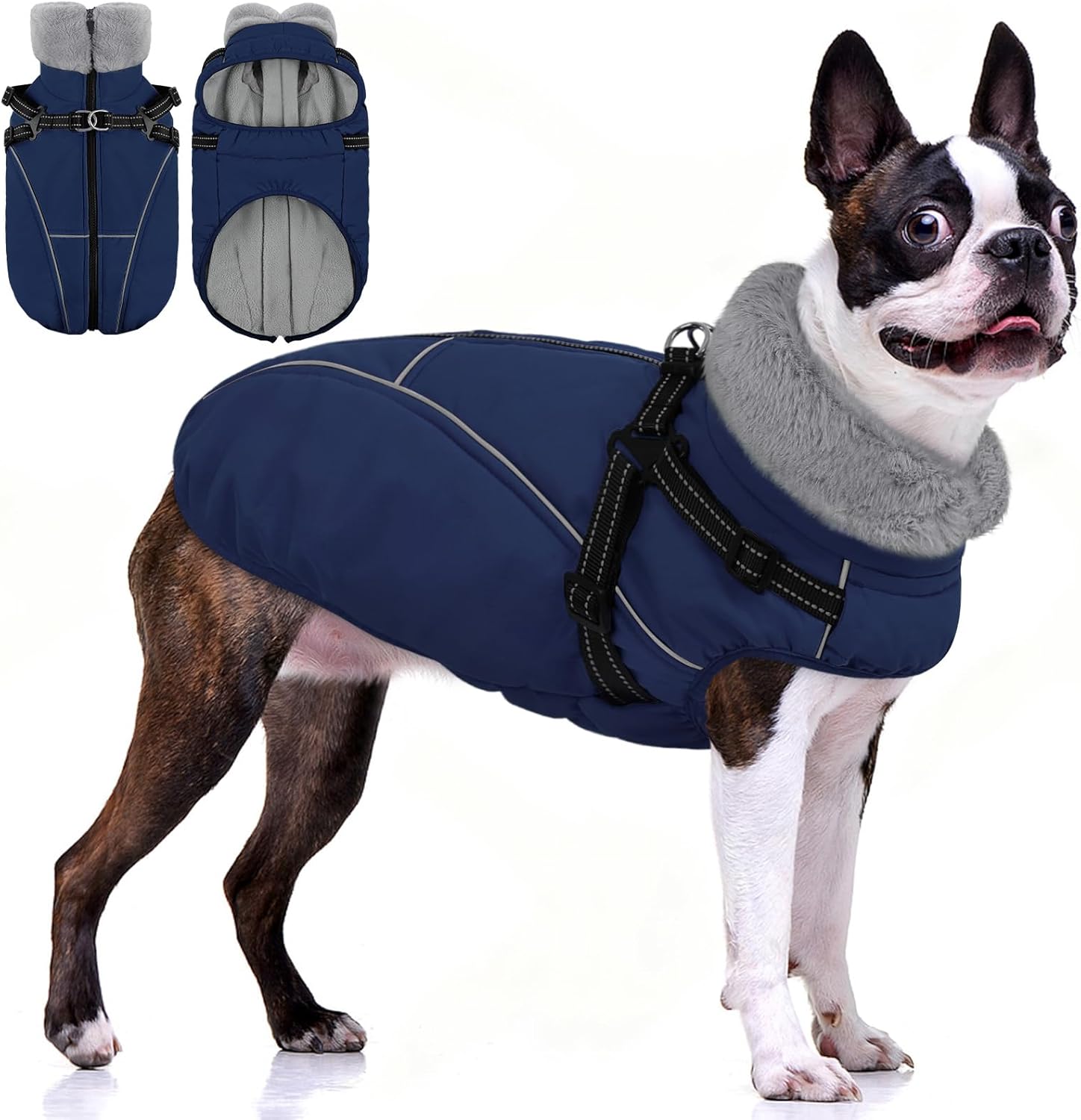AOFITEE Dog Jacket with Harness Built in, Waterproof Dog Coat for Small Dogs, Warm Fleece Pet Puffer Vest with Zipper on Back & Furry Collar, Reflective Dogs Snow Jacket Small Pet Snowsuit, Pink S
