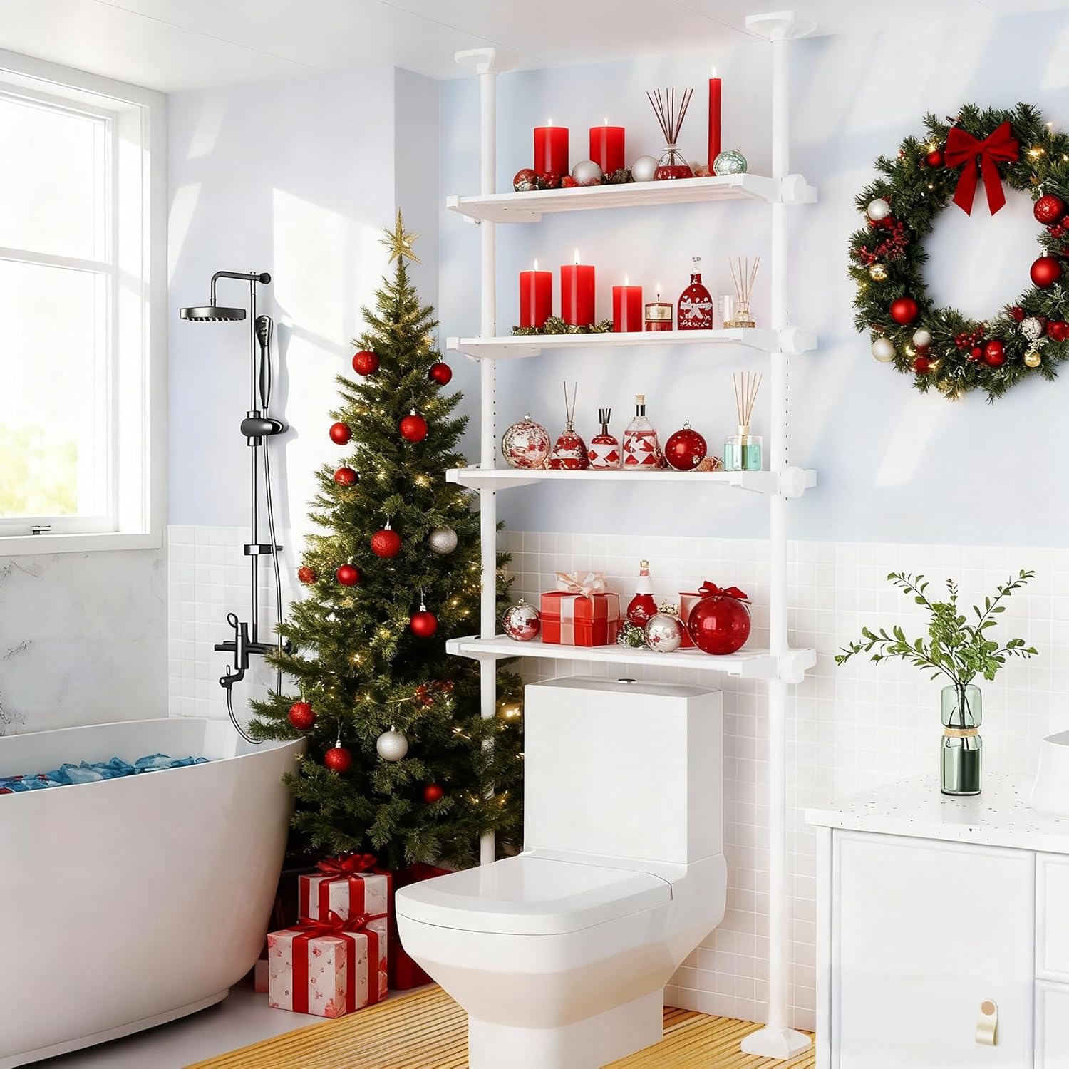 Over The Toilet Storage Shelf, 4-Tier Adjustable Over Toilet Bathroom Organizer,Tension-Mounted Bathroom Storage Rack for Ceilings, No Drill Space-Saving Shelving for Small Rooms,White