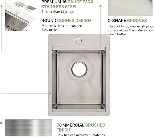 Miniatura 6 de Fregadero de barra de 15 pulgadas, fregadero de cocina de 15 x 20 pulgadas, acero inoxidable de montaje superior, calibre 16, 10 pulgadas de