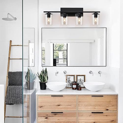 Miniatura 8 de SADENICEL Lámparas de baño de 4 luces, luces de tocador para baño, apliques de pared negros con pantallas de cristal transparente