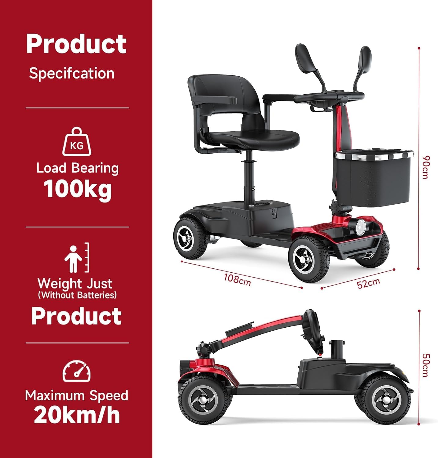 Scooter eléctrico Plegable para Personas Mayores, con batería de 12 Ah, Motor de 250 W, autonomía de 20 a 35 km, 150 kg. Scooter eléctrico Plegable y Ligero para Personas Mayores