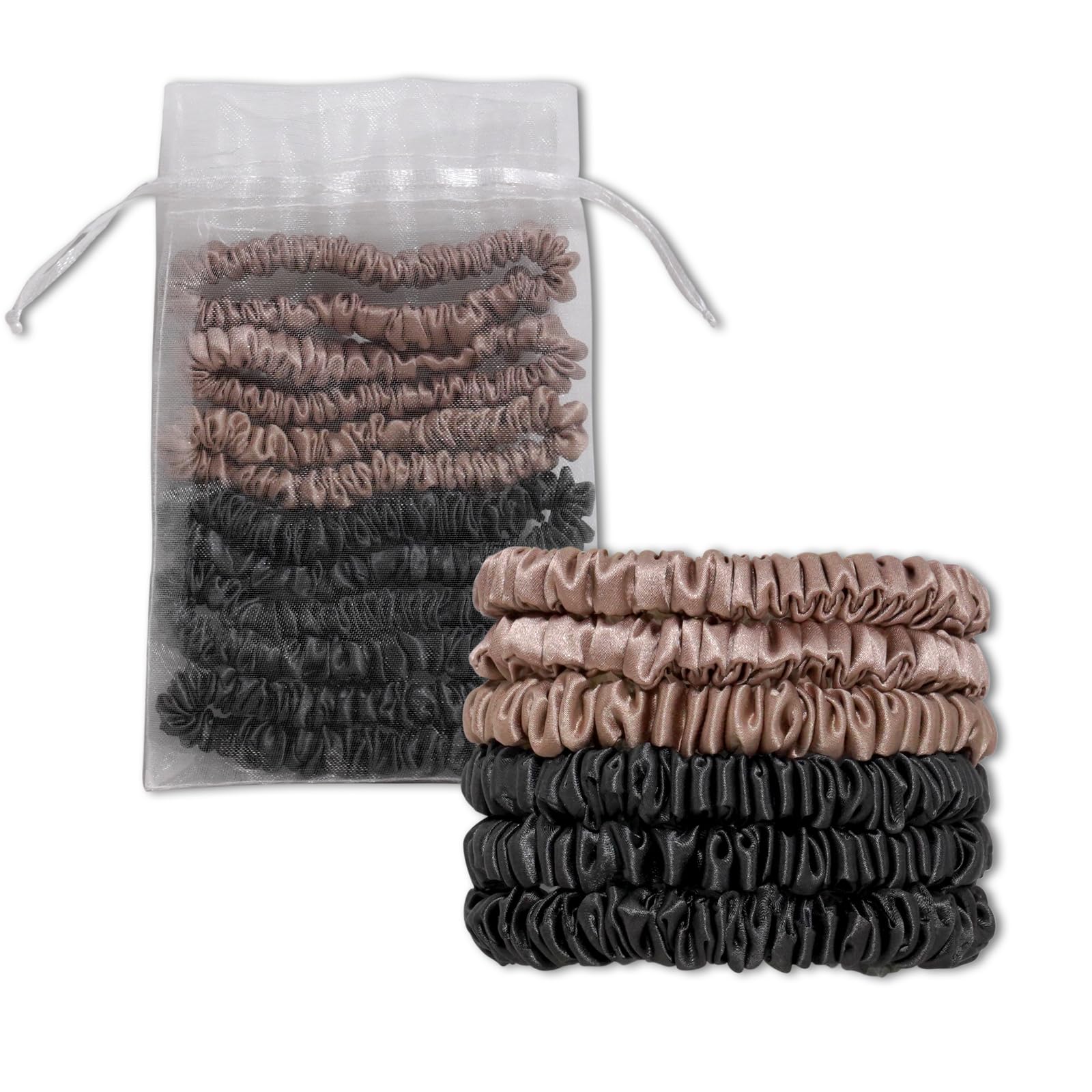 QIYUE 100% Mulberry Silk Scrunchies for Hair,Hair Ties Ropes Ponytail Holder for Women Girls Hair Accessories Decorations，Hair Elastics Bands (litegold black)