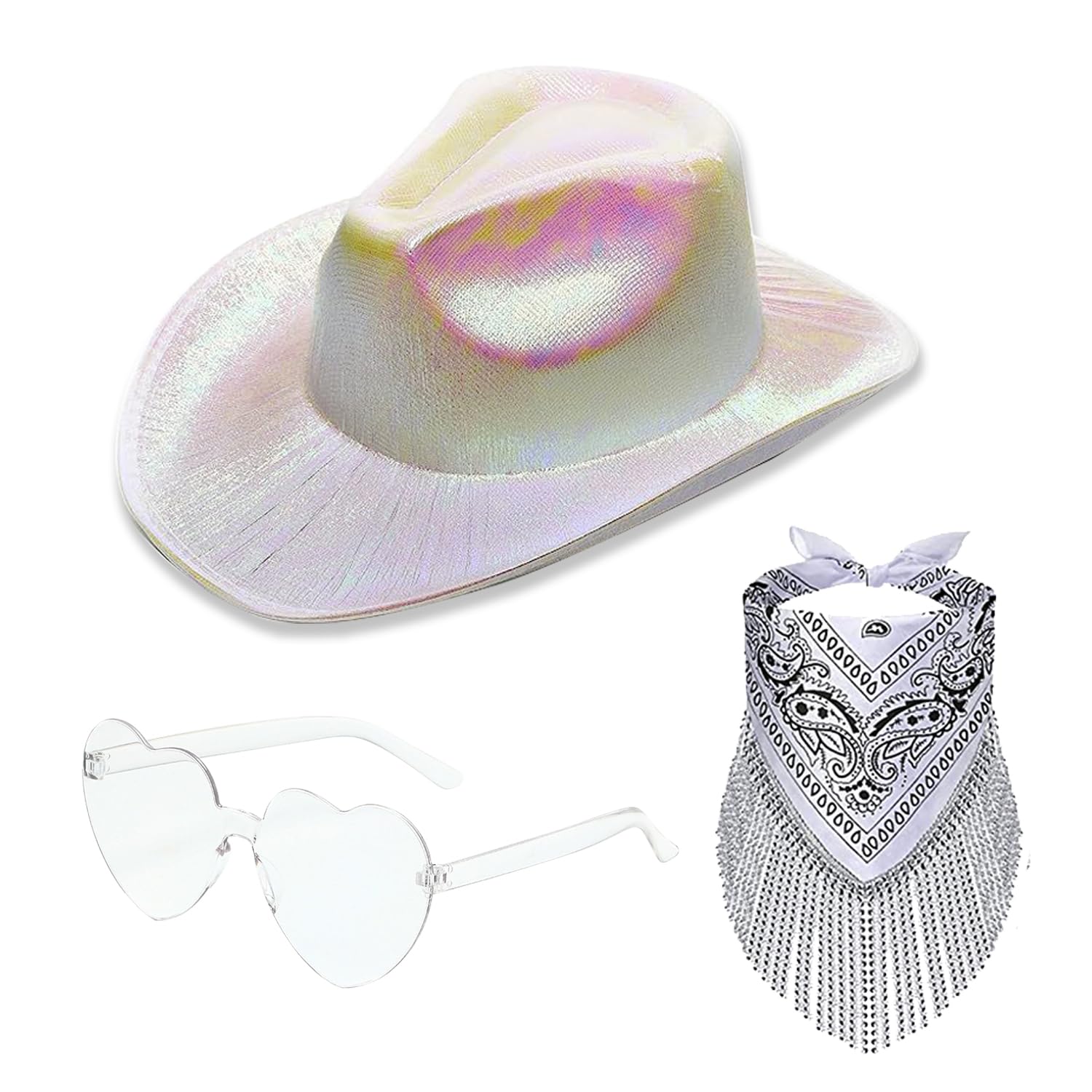 ZOOMPIL White Feather Cowgirl Hat with Paisley Bandana and Heart Sunglasses, Adjustable Felt Cowboy Hat for Women - Secure Fit, for Nashville Bachelorette Party, Cowgirl Costume & Country Concerts — image 1