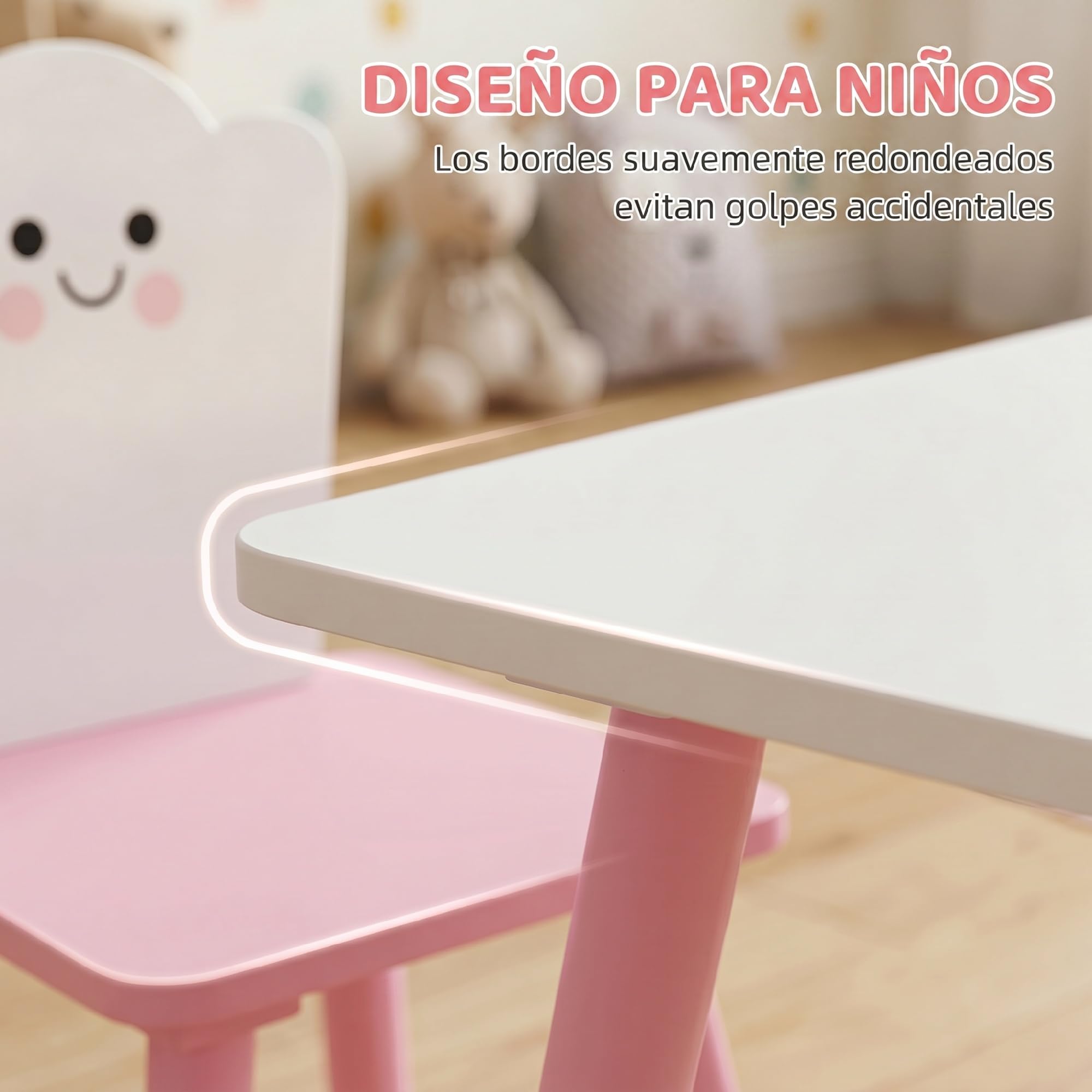 AIYAPLAY Mesa Infantil con 2 Sillas, Patas de Madera, para 3-6 Años, Rosa | Mesa y Sillas Infantil, Tema Algodón de Azúcar, para Niños y Niñas, para Hogar, Guardería, Aulas