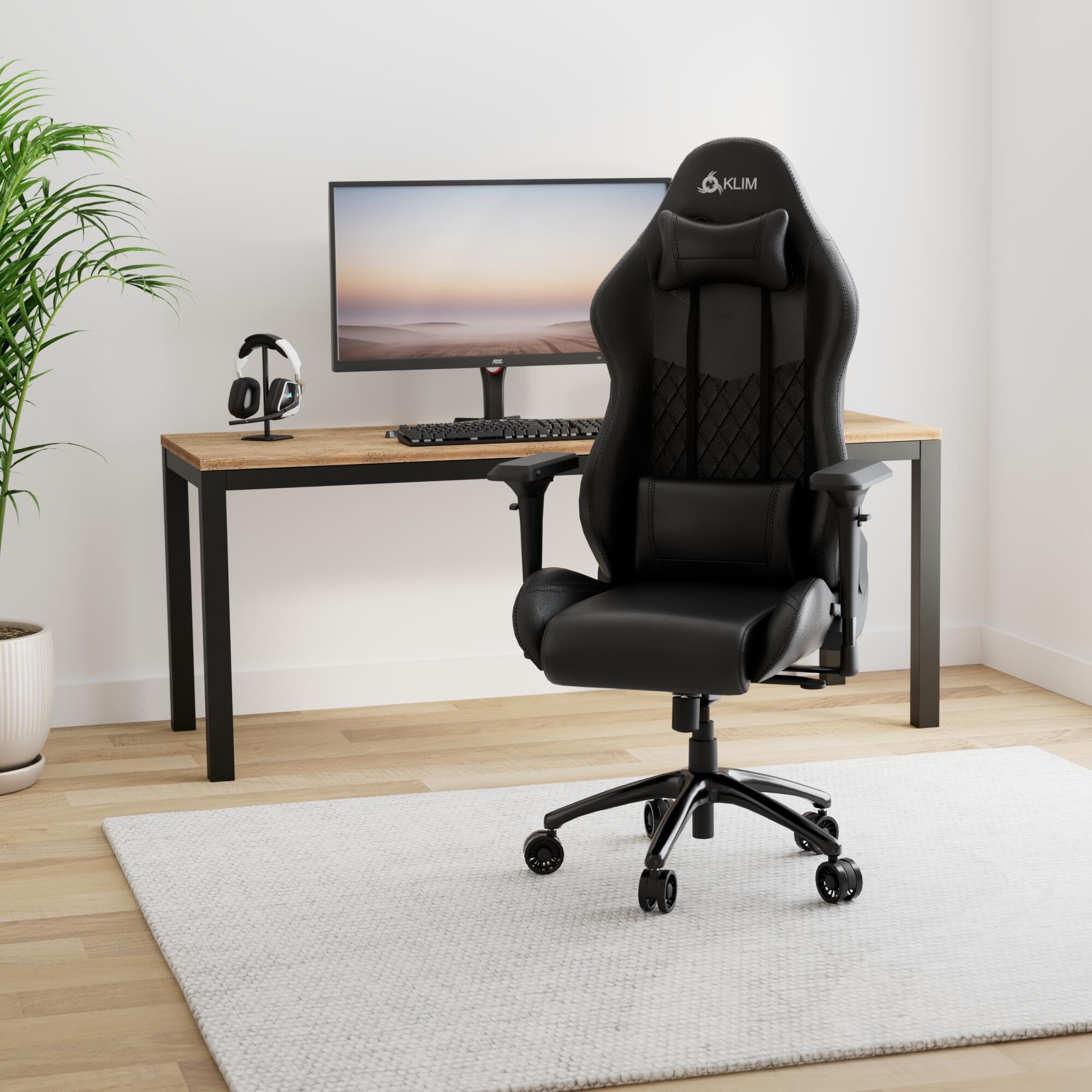 KLIM Esports Silla Gaming Ergonómica + con Soporte Lumbar y Cervical + Reclinable + Silla de Escritorio Ajustable + Piel Sintética y Materiales Premium + Silla Gamer Negra [Nueva VERSIÓN]