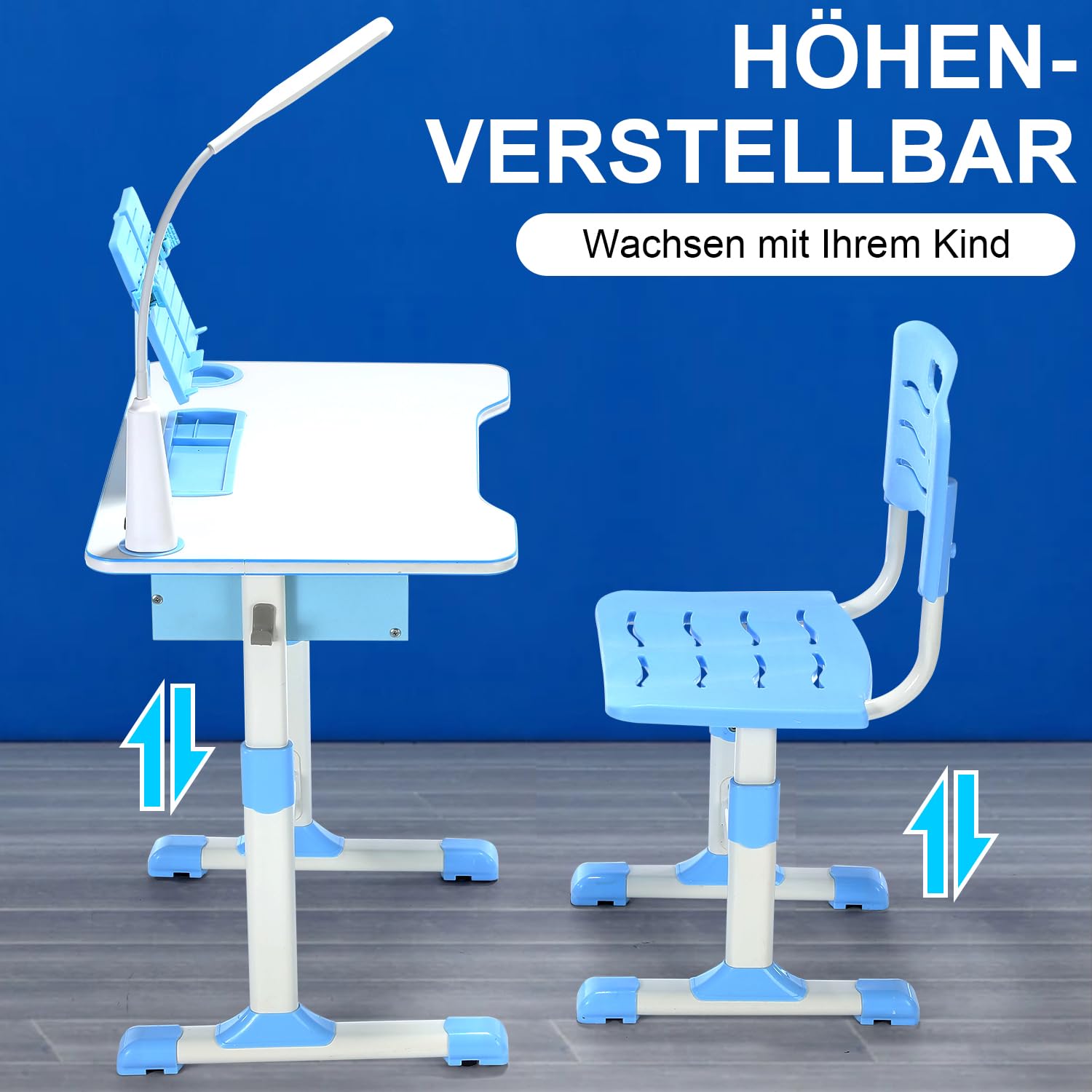 Kinderschreibtisch Set mit Bücherständer & LED-Licht, höhenverstellbarer Kindertisch und Stuhl mit Tischplatte & Schublade, Kinder Schreibtisch für Jungs & Mädchen (Blau), FA0021