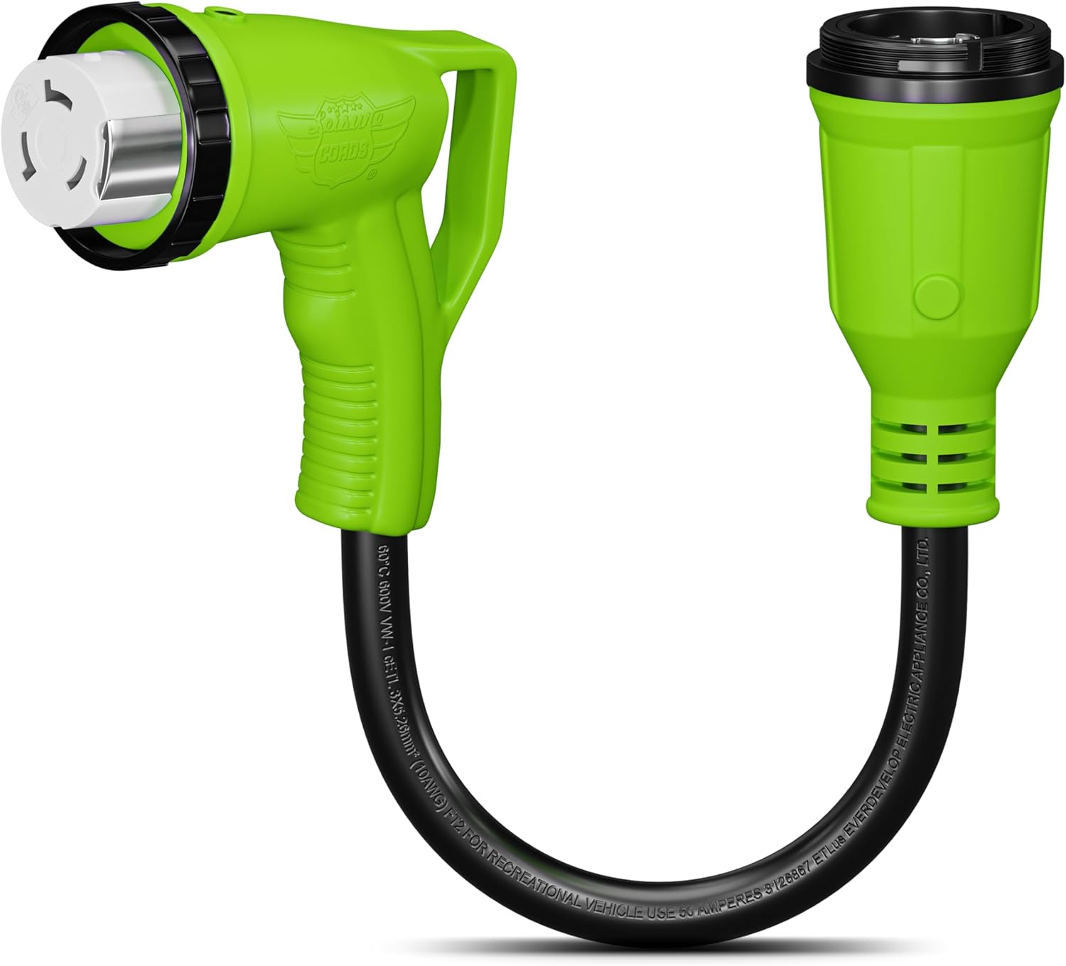 18" 90-Degree Dogbone RV Adapter 50 Amp Female with Twist Lock and LED Power Indicator and 50 Amp Male with Twist Lock