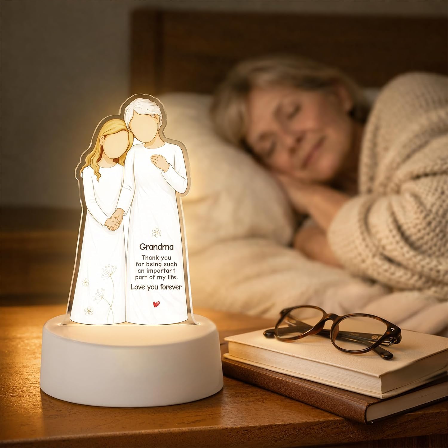 Gifts for Grandma on Mothers Day, 3 Color Night Light for Grandma, Mothers Day Grandma Gift, Grandma Birthday Gift, Acrylic LED Lamp with Base, USB Powered Bedside Desk Decor