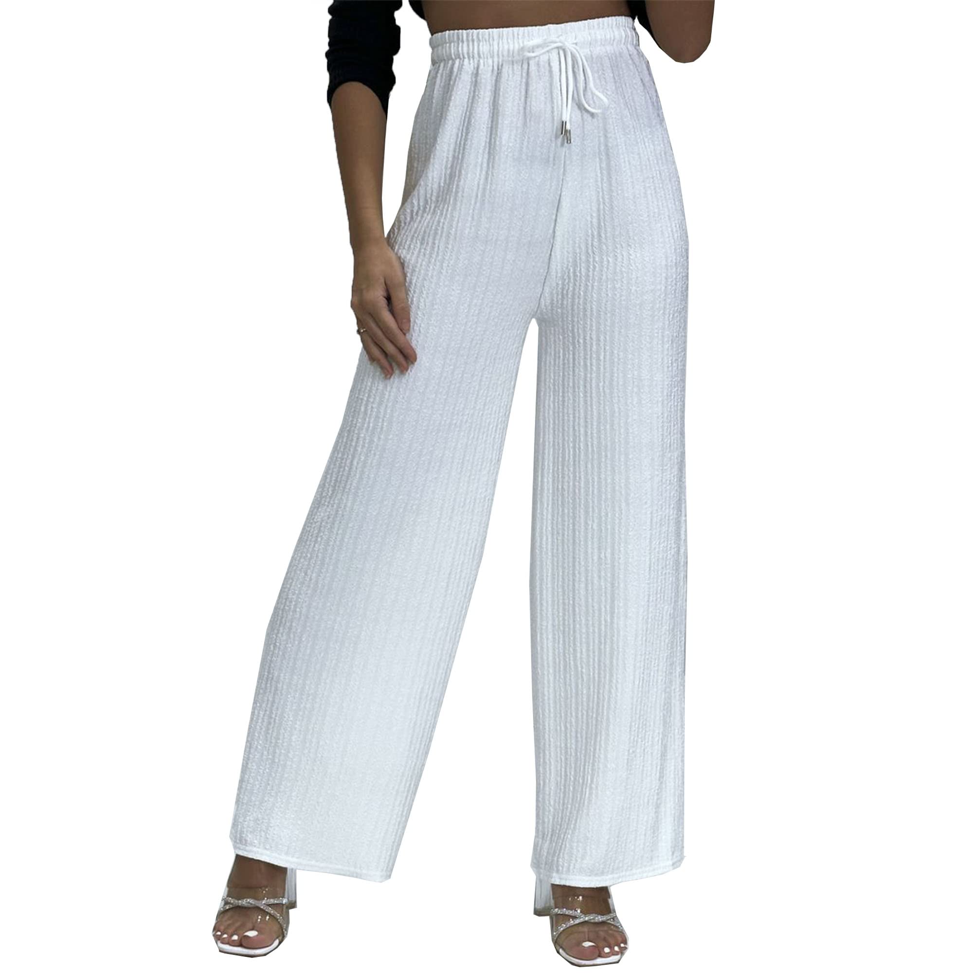 Women's Textured Ribbed Relaxed Wide Leg Smart Casual Palazzo Trousers (as8, Alpha, l, x_l, Regular, Regular, White)