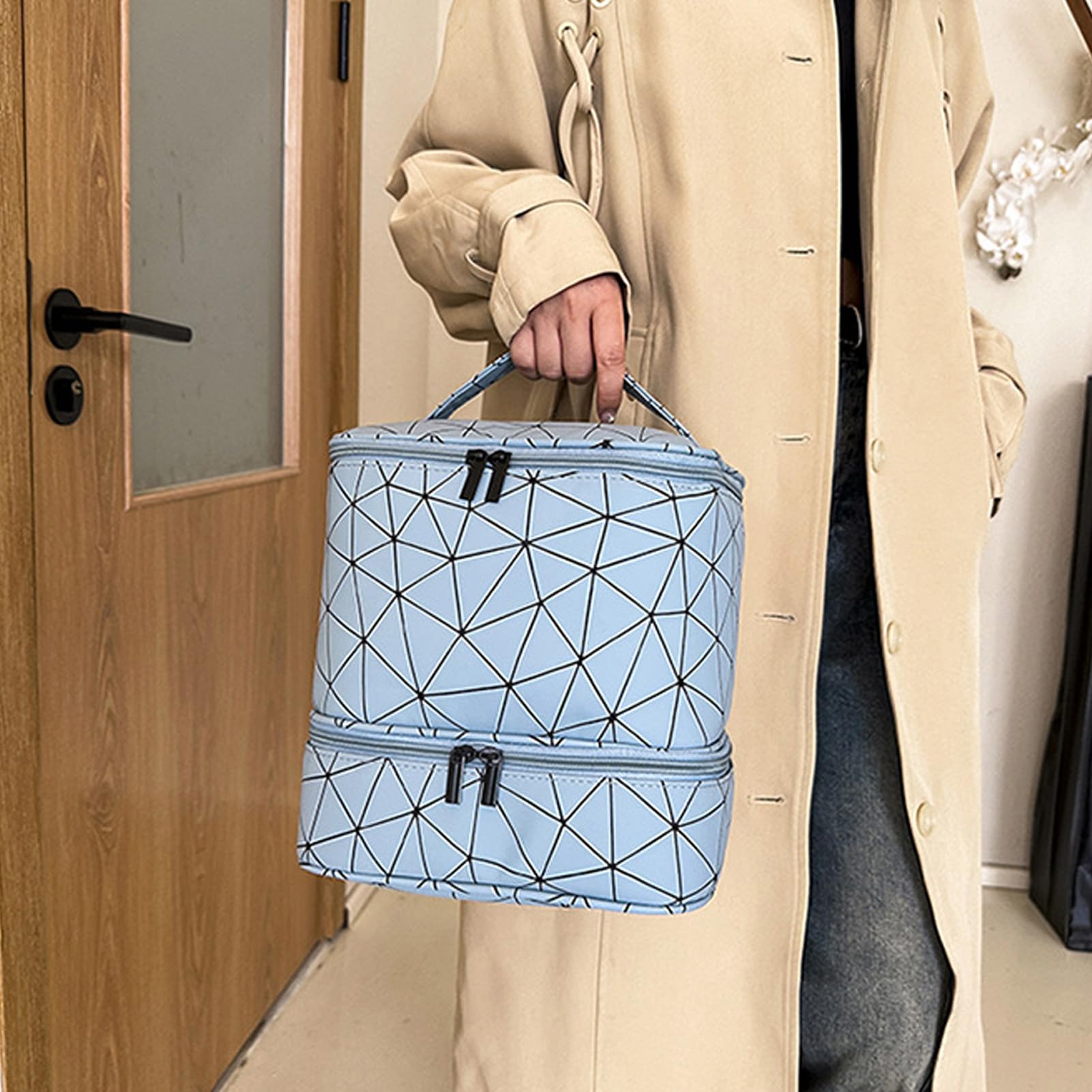 Organizzatore da viaggio per smalto per unghie a doppio strato, con manico, contiene 30 bottiglie, blu, per nail artist, in poliuretano e tessuto Oxford, 24 x 23 x 21 cm