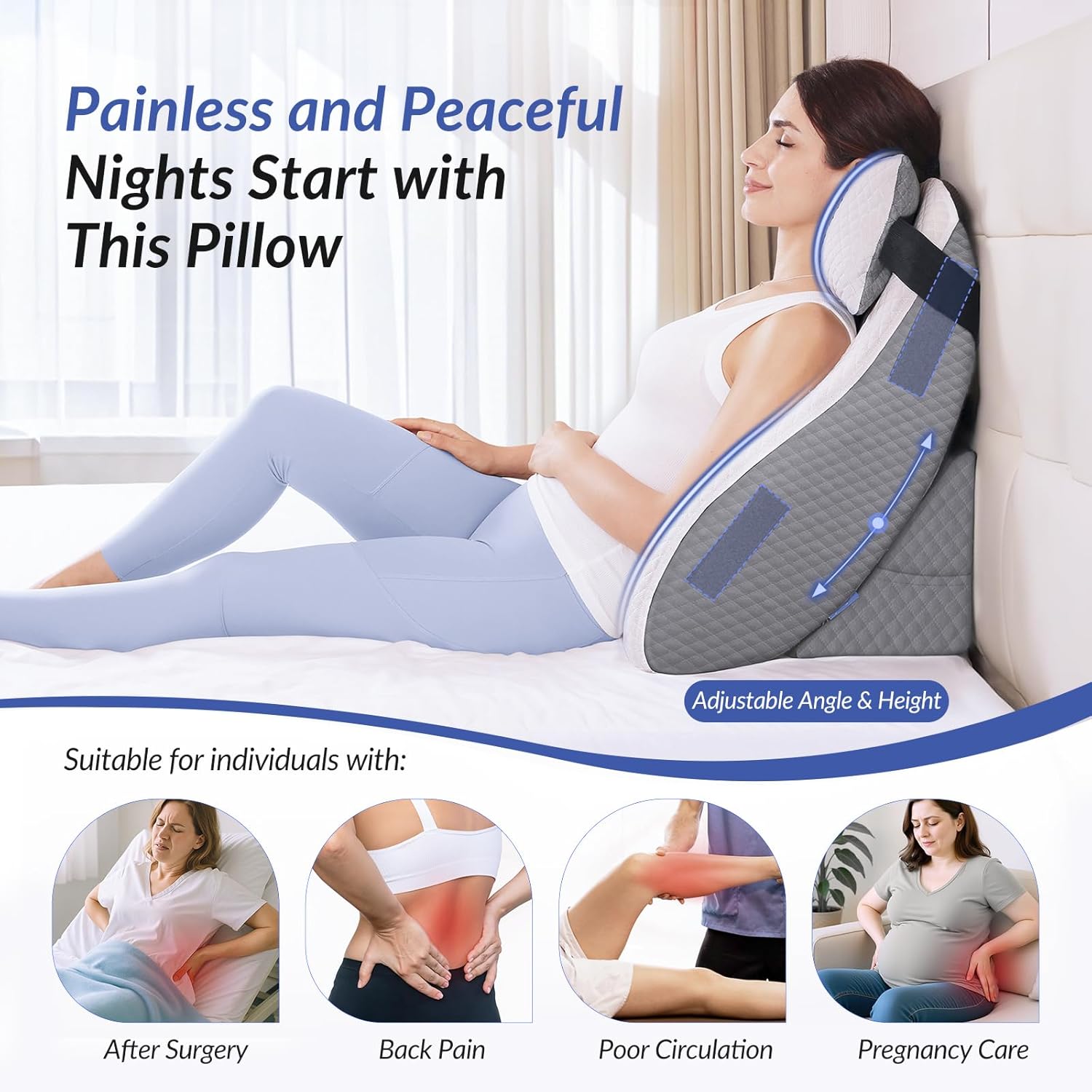 ZIKEE Adjustable Wedge Pillow Headboard Set for Sleeping & After Surgery, Ergonomic Reading Pillow for Sitting in Bed, Bed Wedge with Premium Memory Foam for Back Pain Relief & Support, Leg Elevation
