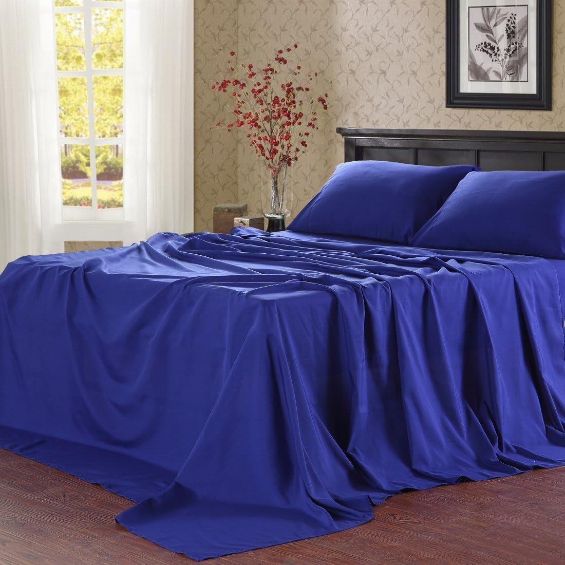 EMONIA King Sheets Set - 6 Pieces Bed Sheets Super Soft 200 Series Deep Pocket Fitted Sheets-Wrinkle and Fade Resistant (Dark Blue 200 Thread Count, King)