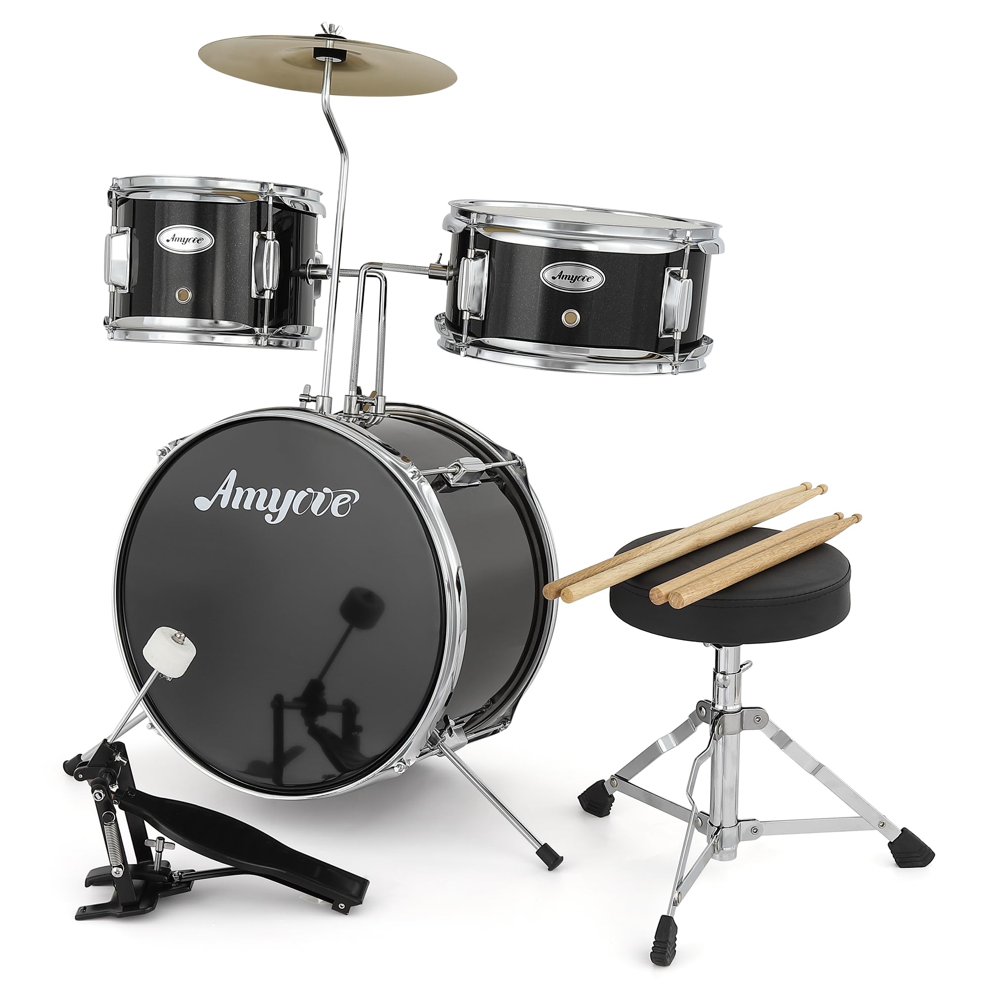 3-teiliges Schlagzeug-Set für Kinder – komplettes Musik-Set mit Bassdrum, Trommel, Tom, 10 Zoll (25,4 cm) Becken, Drumsticks, Hocker, Pedal – perfekt für Anfänger, Geschenk für Jungen und