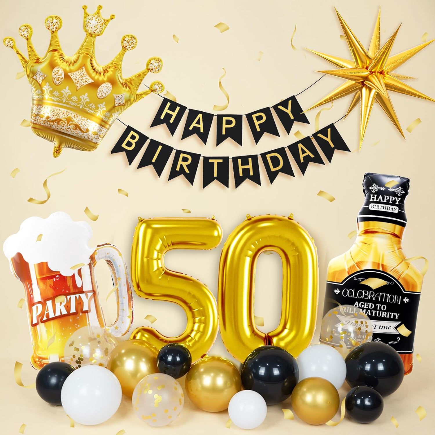 50th Birthday Decorations for Men with Black Gold Confetti White Foil Balloons Happy Birthday Banner Fringe Curtains for 50 Year Old Decorations - Image 4